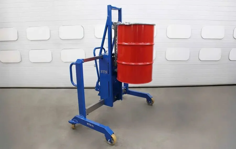 picture of a the pallet straddling drum lifter in a tall lift variant holding a 55 gallon steel drum