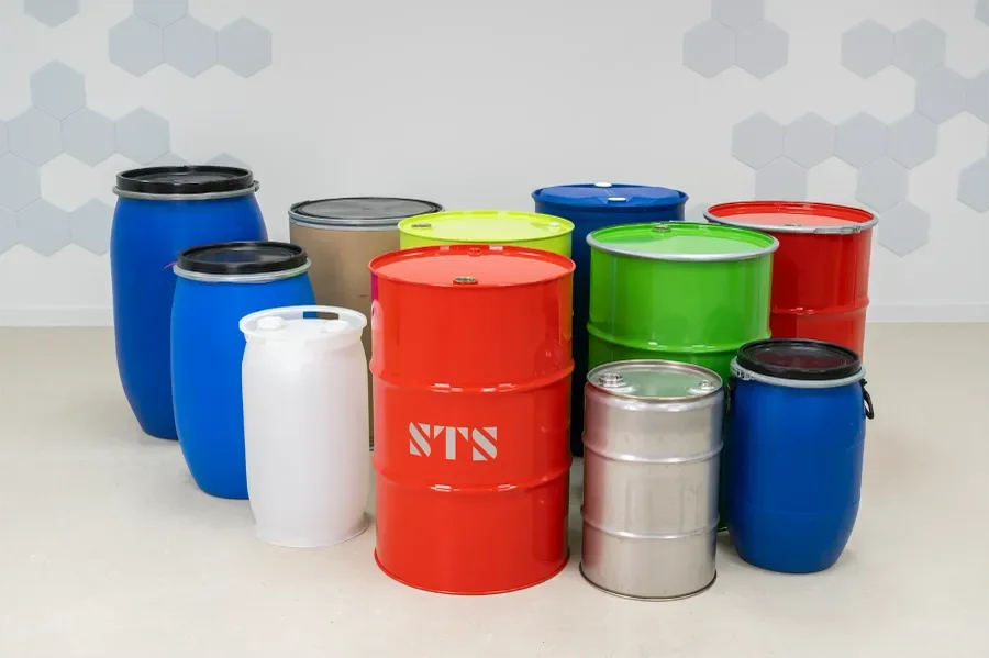 a collection of varrying drums, steel and plastic, open top and closed top