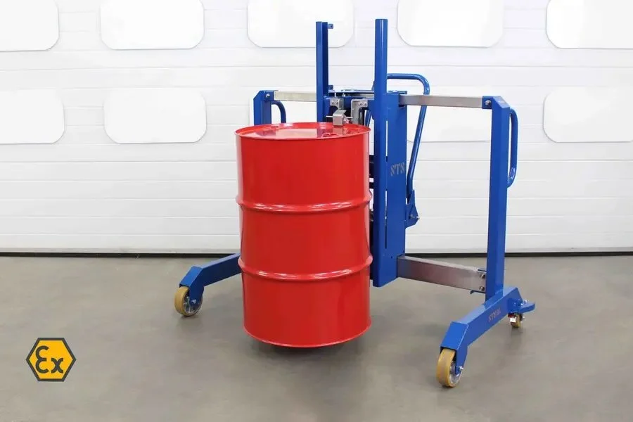 picture of a drum lifter that straddles pallets holding a 55 gallon steel drum that is made for spark proof areas