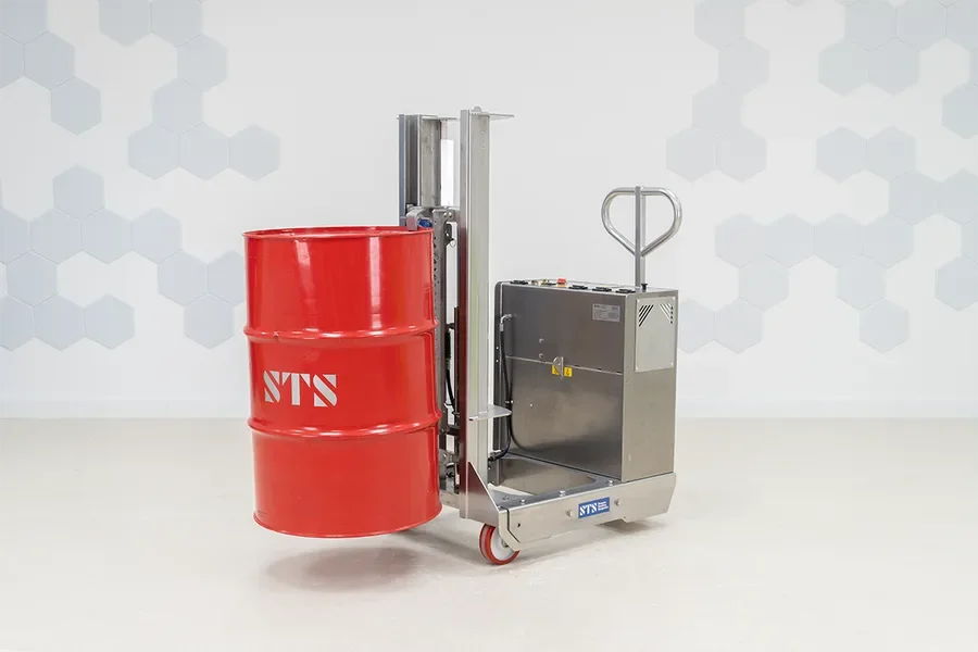 View of the stainless steel counterbalance drum lifter holding a red 55 gallon steel drum