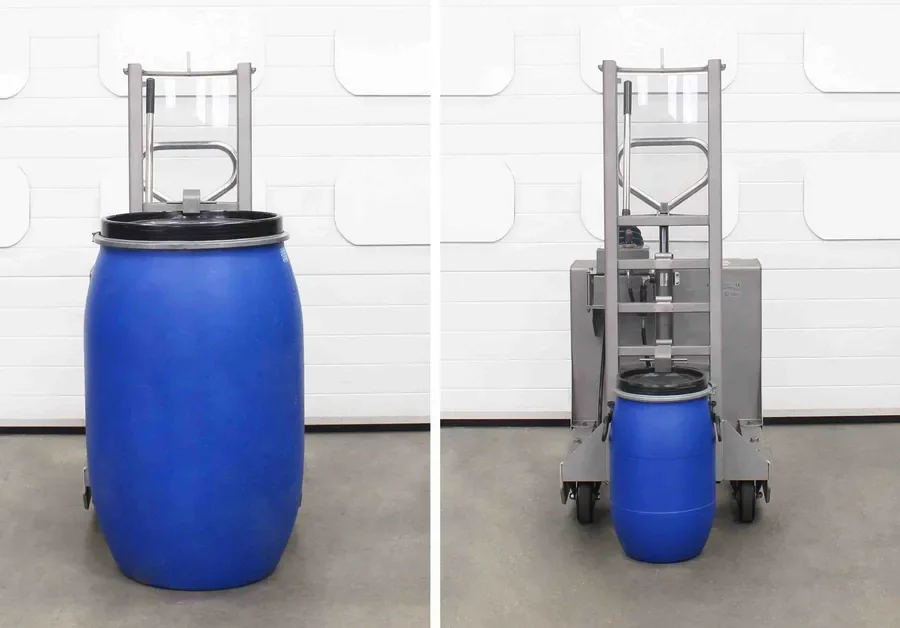 Image showing a drum lifter with both a small 13 gallon plastic barrel and with 55 gallon plastic barrel