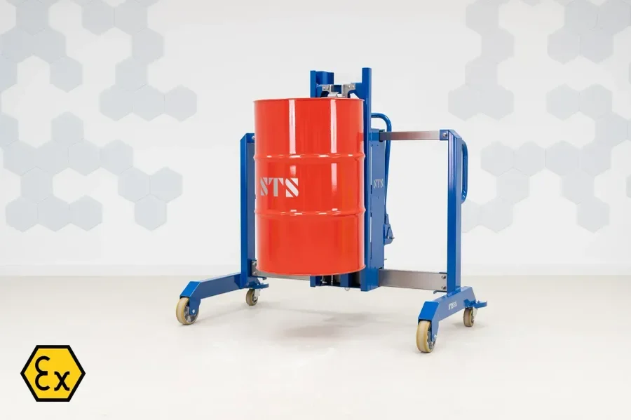 Straddle drum lifter holding a red 55 gallon steel drum and showing the ATEX certification