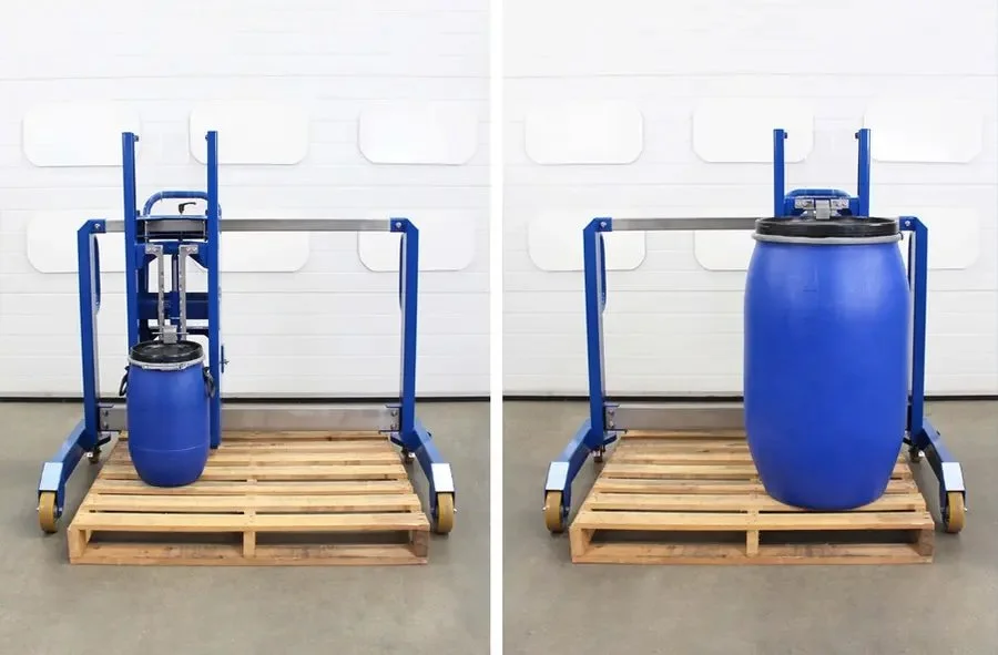 lifter holding a small 13 gallon plastic barrel and also a 55 gallon plastic barrel