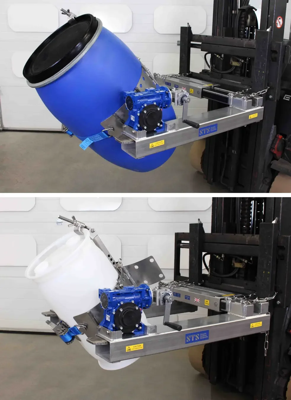 Detail showing the universal drum band attaching to two different type of drums