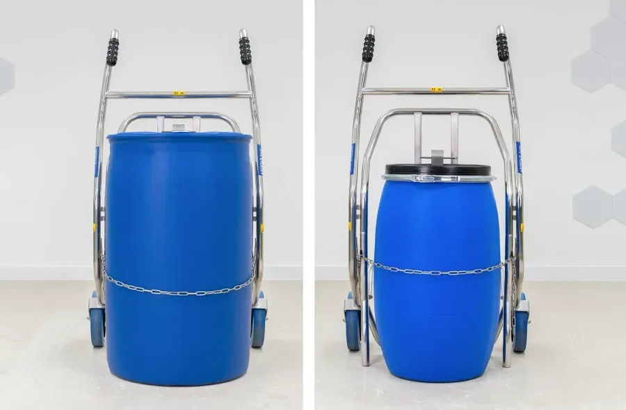 image showing the drum truck holding both a small drum and a large drum