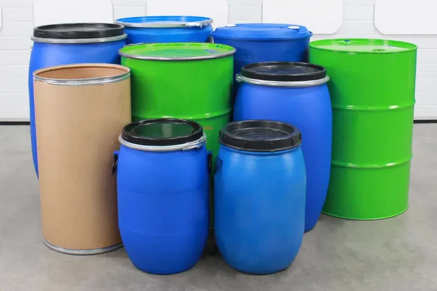 various drum types of all sizes and materials from steel to fiber to plastic