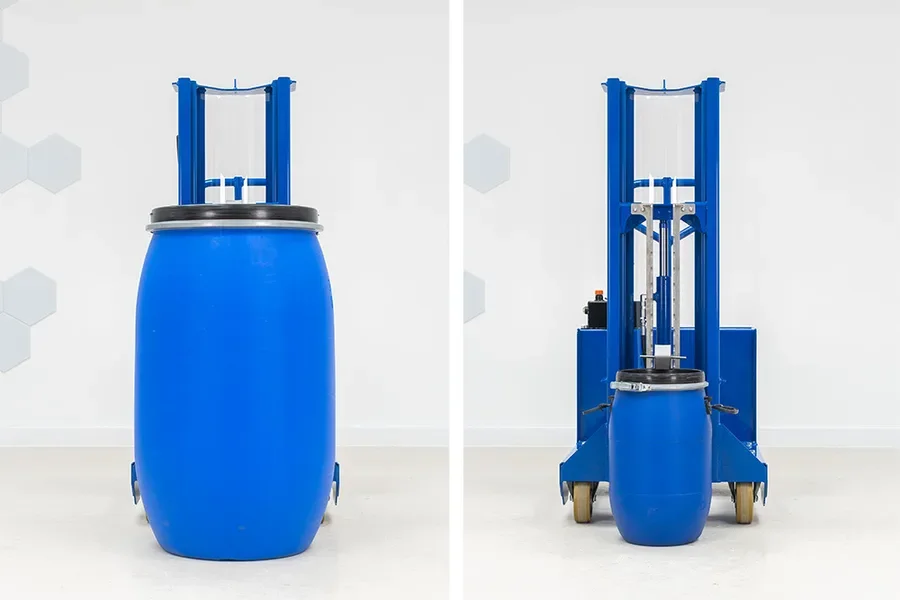 Image showing a drum lifter with both a small 13 gallon plastic barrel and with 55 gallon plastic barrel