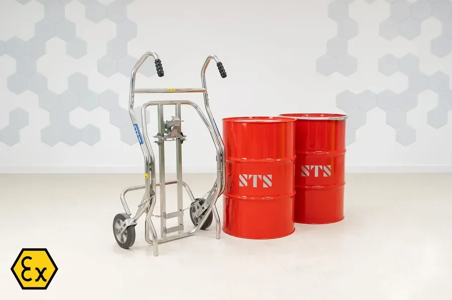 picture of the drum truck holding a 55 gallon steel drum