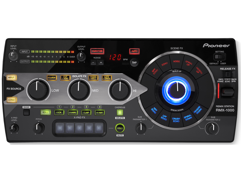 A Pioneer DJ controller with various knobs, buttons, and a large central jog wheel. It features pitch sliders, effect controls, and a digital display, used for music mixing.