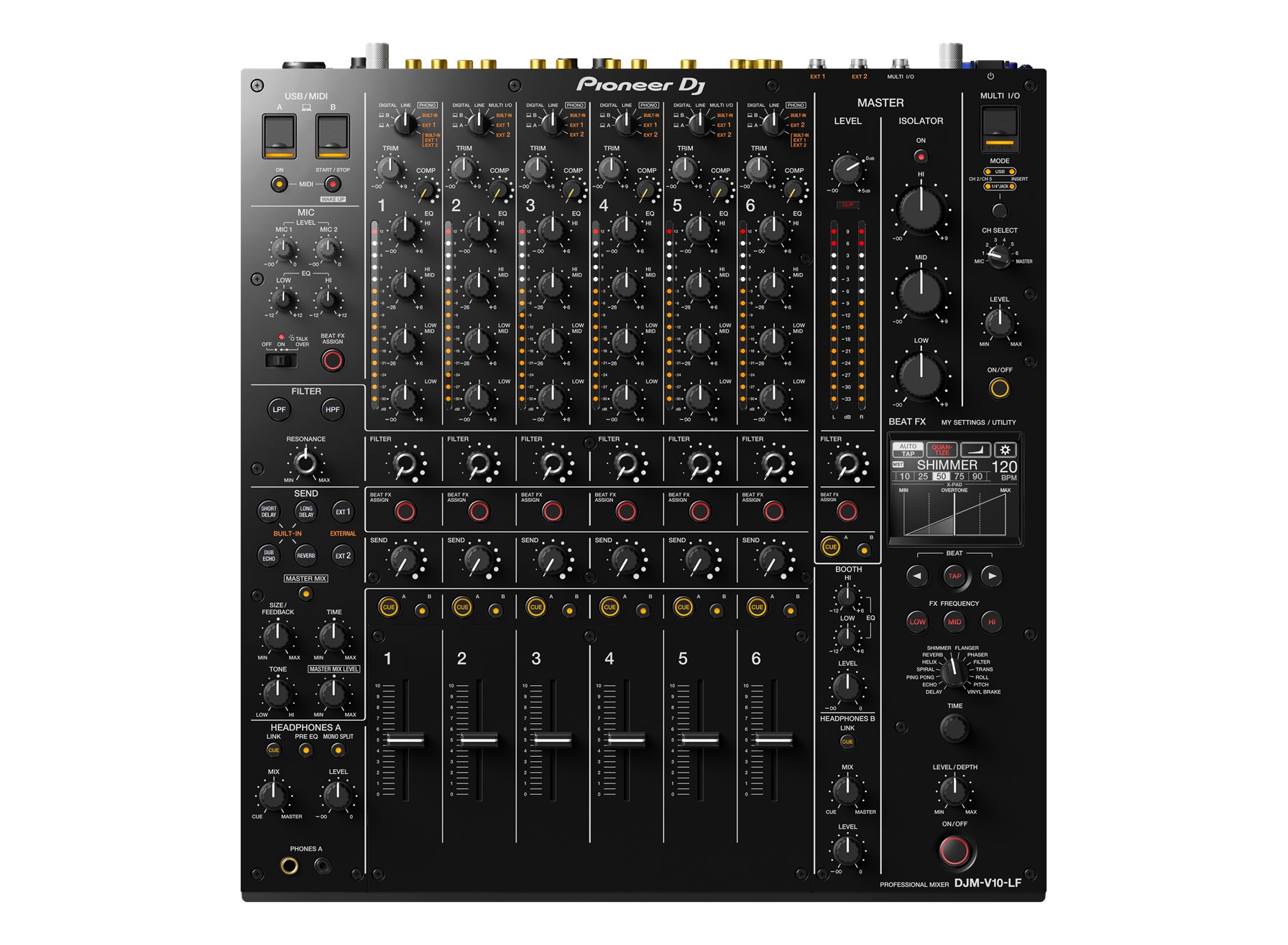 A Pioneer DJ professional DJ mixer with various knobs, sliders, and buttons for audio control, featuring multiple channels, a master section, and headphone jacks.