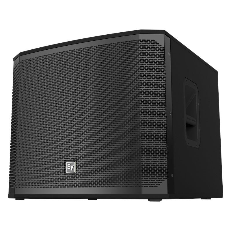 A black professional subwoofer speaker with a metal grille and EV logo.