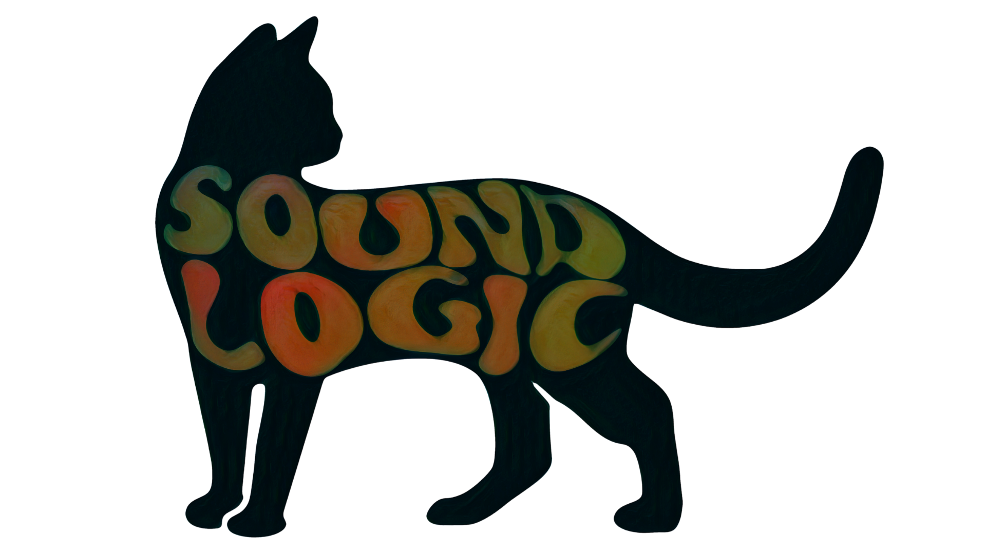 Silhouette of a cat with the words "Sound Logic" painted inside its body in orange and yellow colors