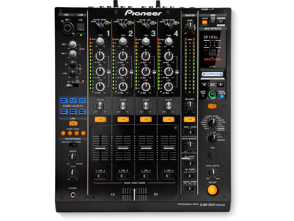A Pioneer DJM-900 Nexus professional DJ mixer with various knobs, sliders, buttons, and a display screen.
