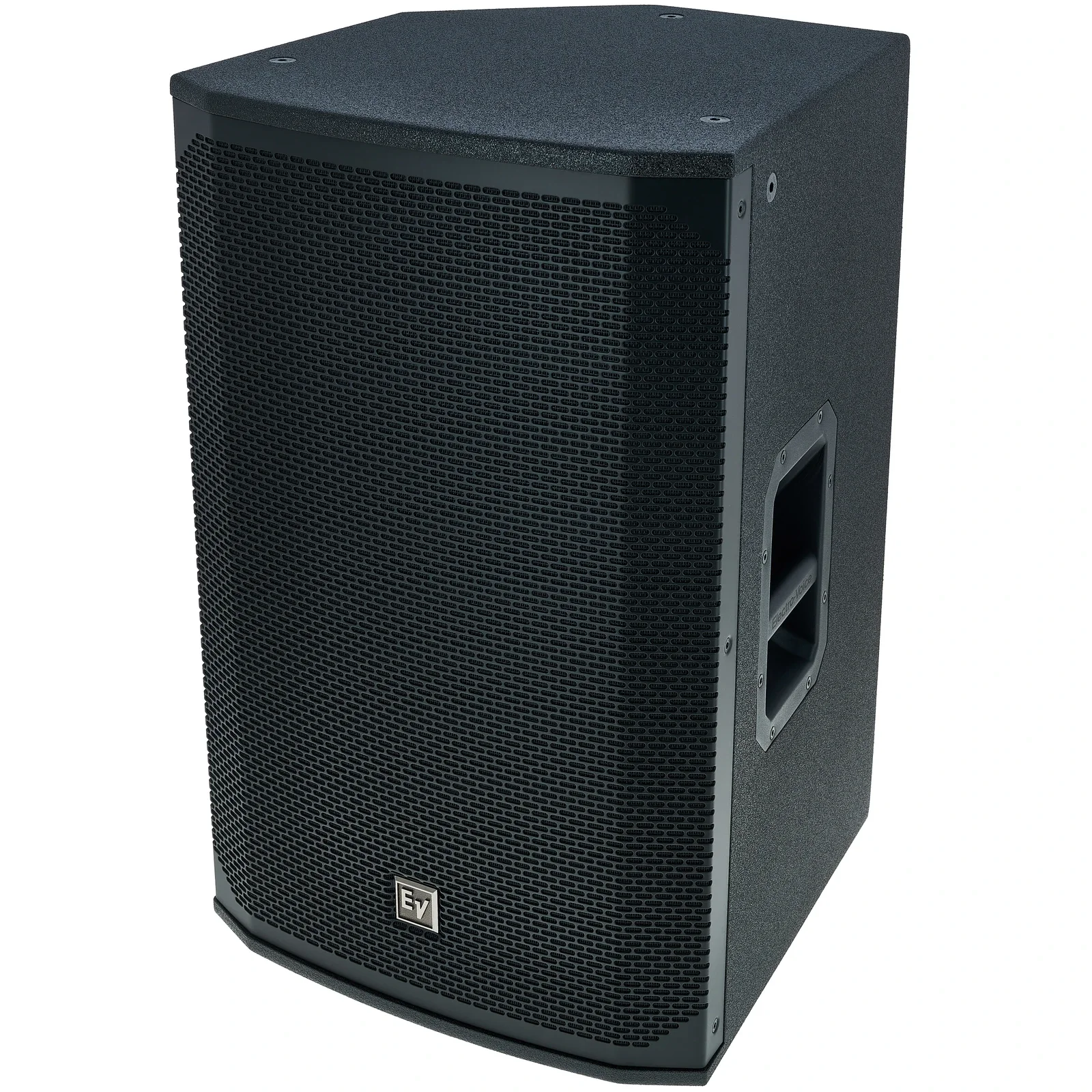 Black professional loudspeaker with a metal grille and a handle on the side, branded with the Electro-Voice logo.