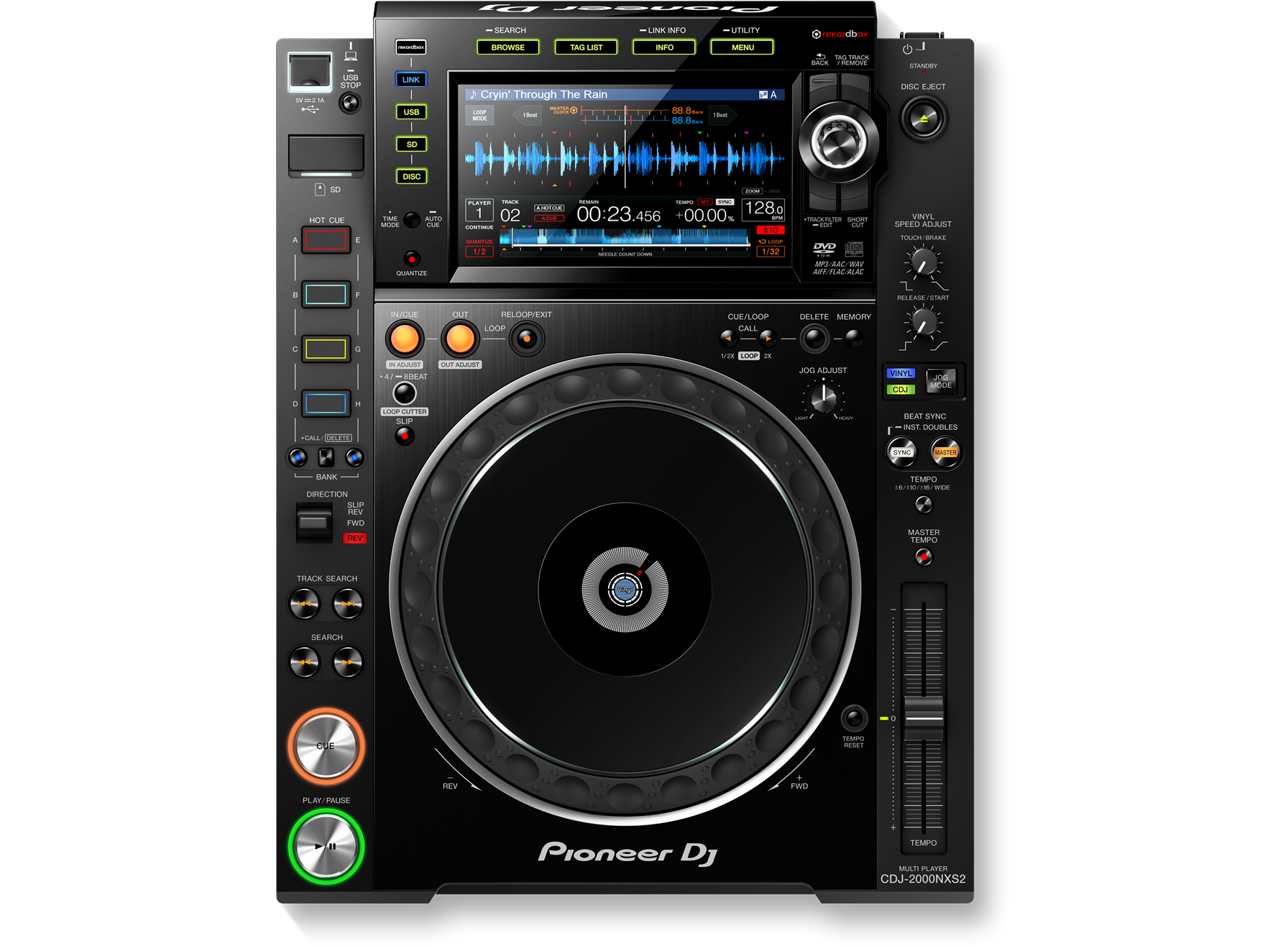 A Pioneer DJ professional DJ controller with various buttons, knobs, a display screen showing a music track, and a large jog wheel in the center.