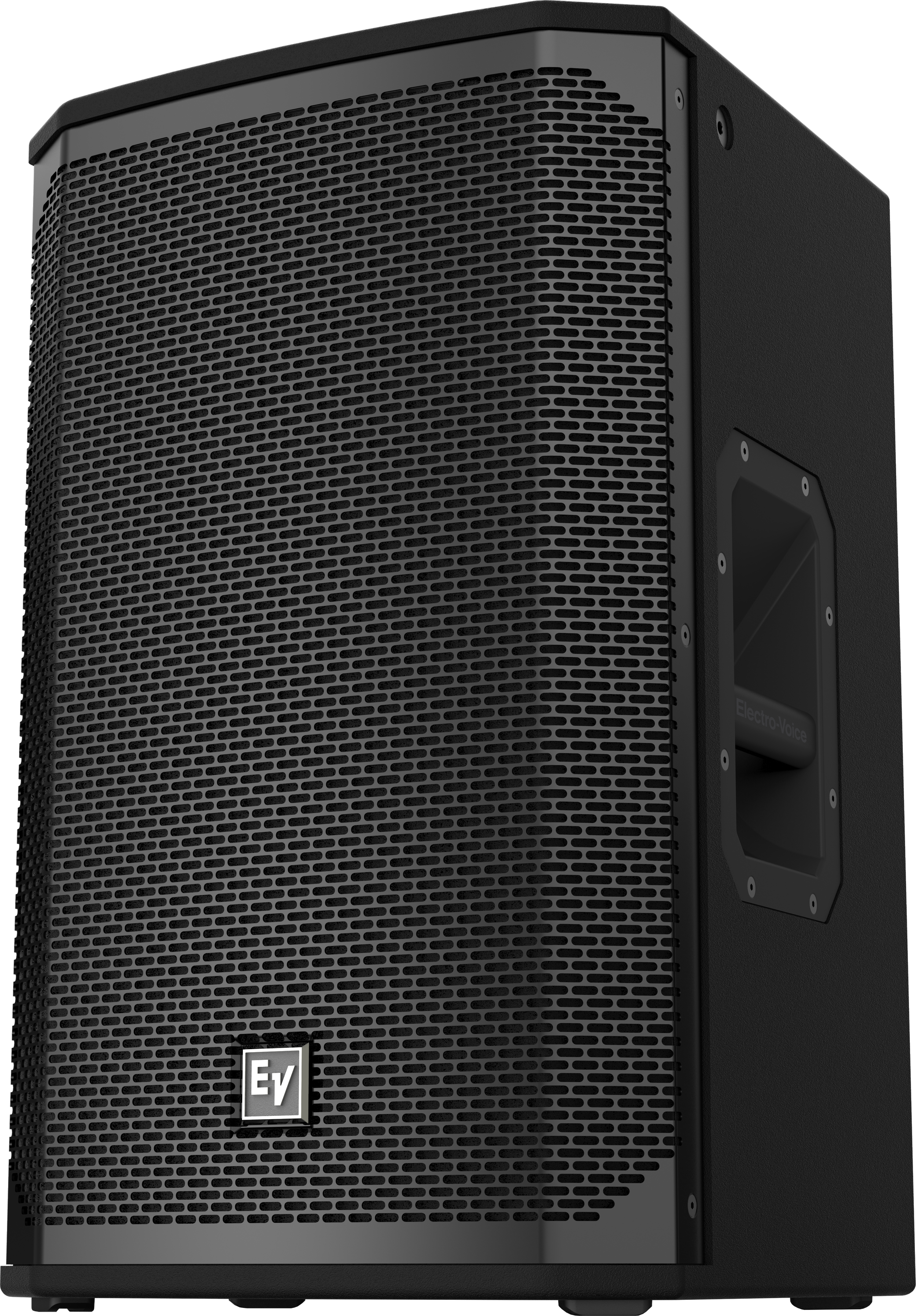 A black professional speaker with a metal grille and side handle, branded with the Electro-Voice logo.