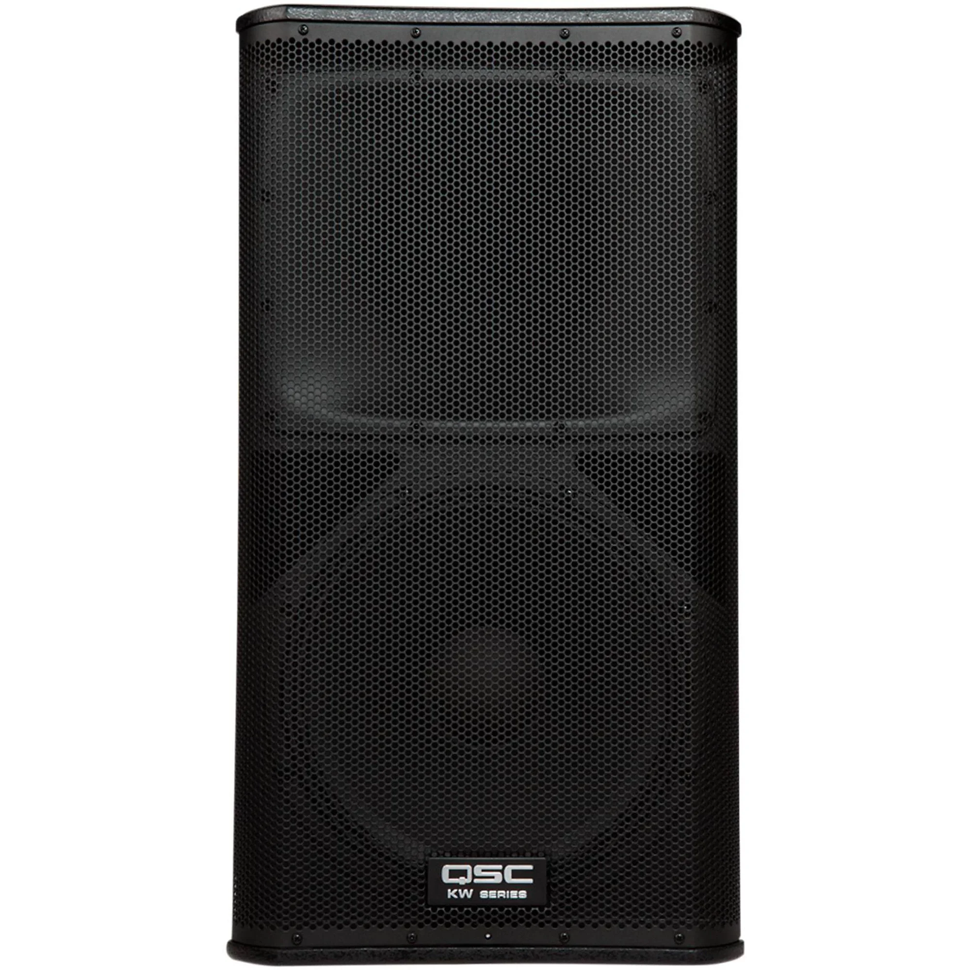 Black QSC KW Series speaker with perforated metal grille and logo at the bottom.