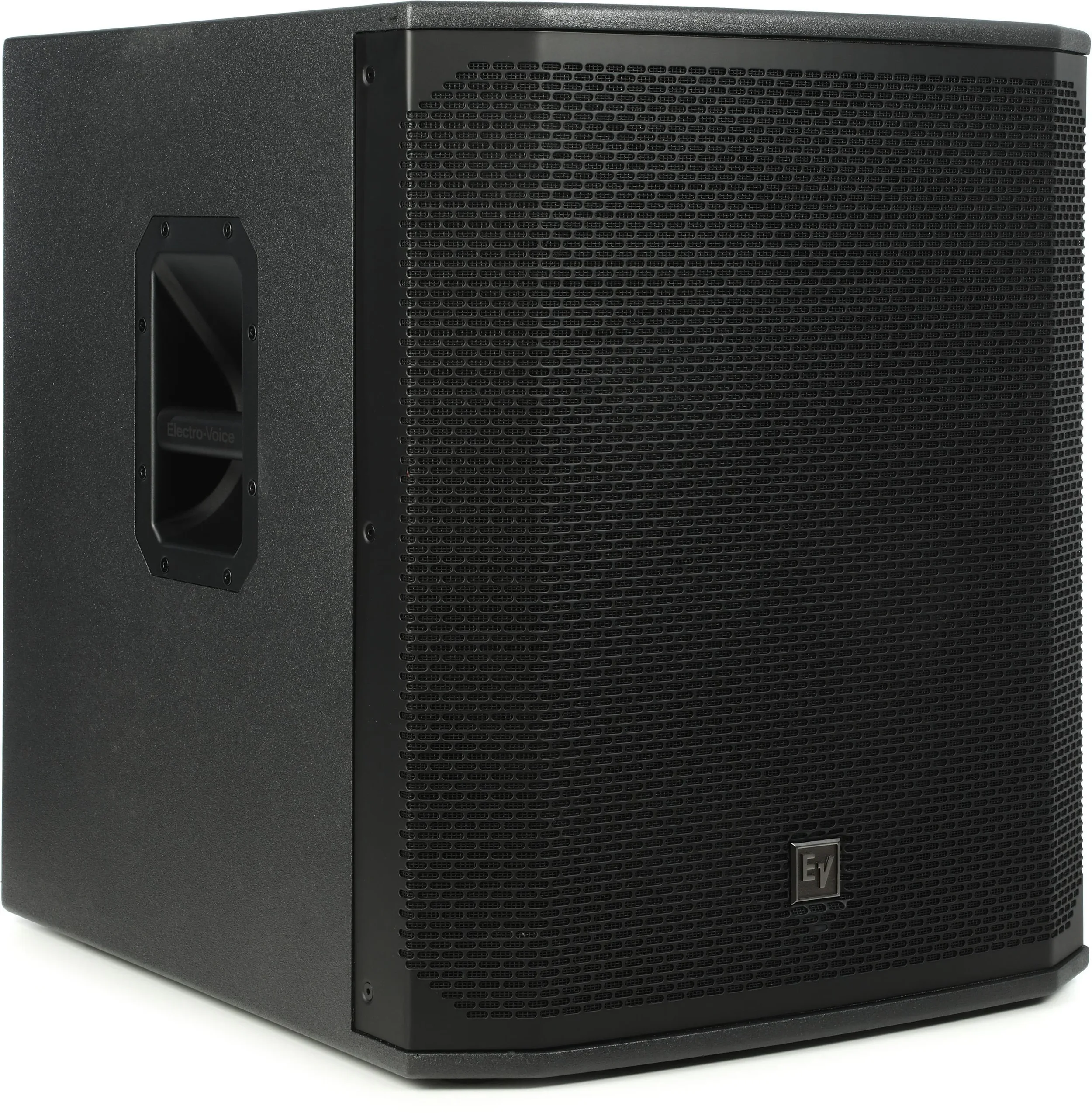 Black professional audio subwoofer speaker with a perforated grille and small logo on the front.