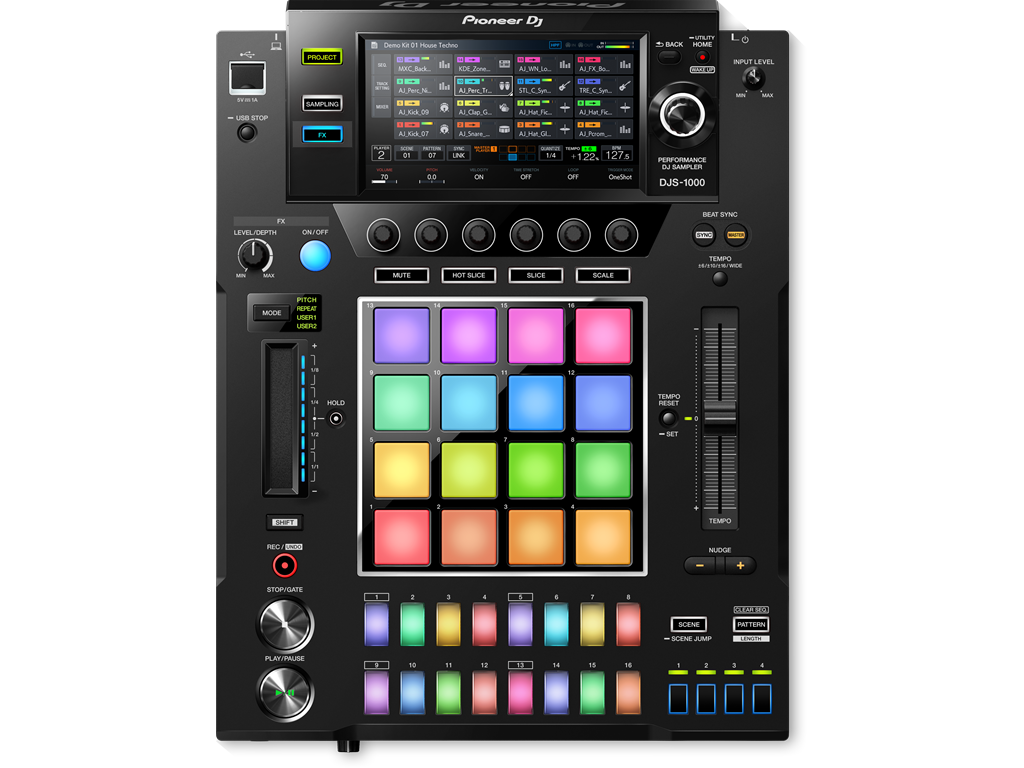 A Pioneer DJ DJC-1000 digital turntable controller with a multicolored grid of pads, knobs, and a touchscreen display.
