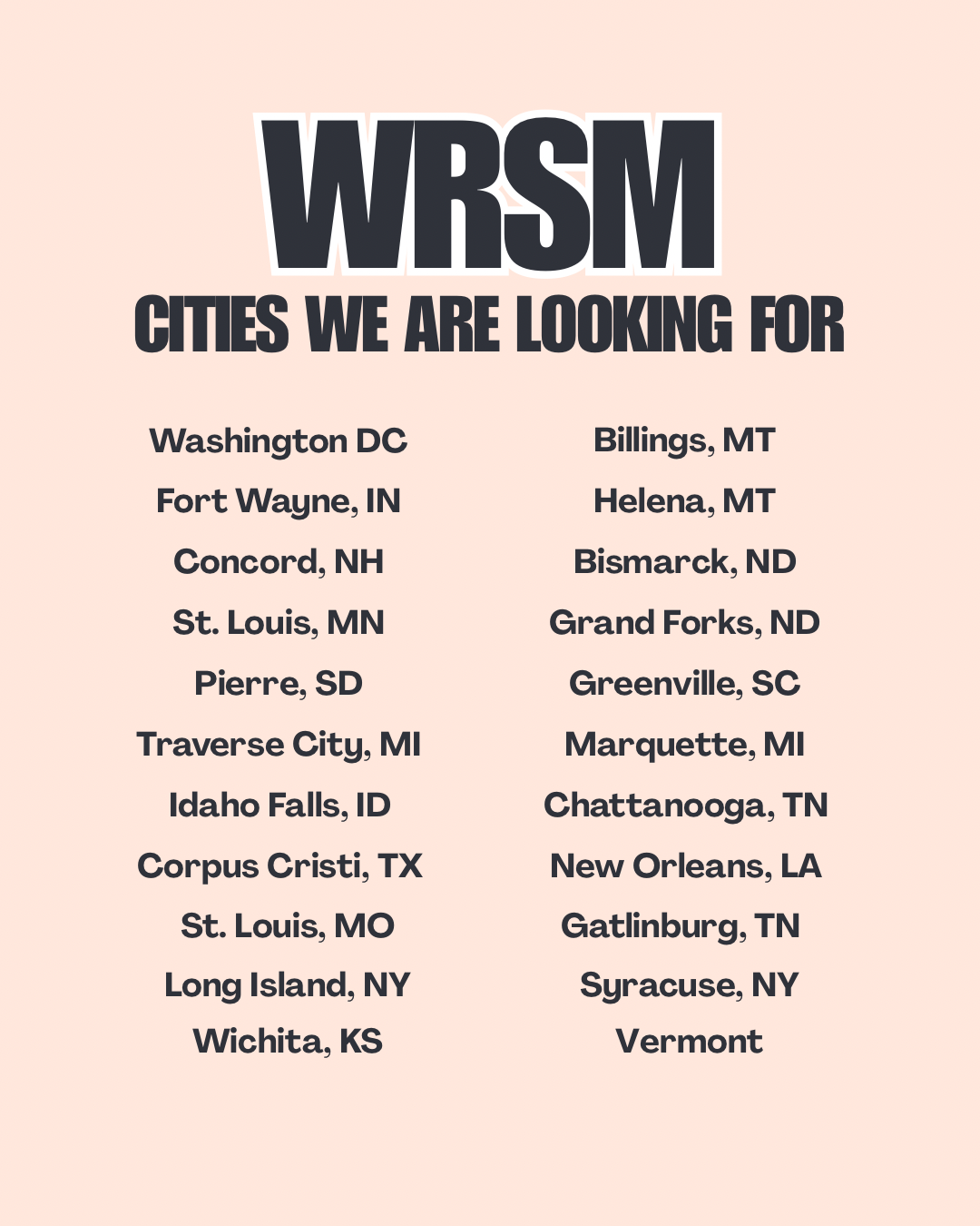 List of cities in the United States, including Washington DC, Fort Wayne IN, Concord NH, St. Louis MO, Pierre SD, Traverse City MI, Idaho Falls ID, Corpus Christi TX, Long Island NY, Wichita KS, Billings MT, Helena MT, Bismarck ND, Grand Forks ND, Greenville SC, Marquette MI, Chattanooga TN, New Orleans LA, Gatlinburg TN, Syracuse NY, Vermont.