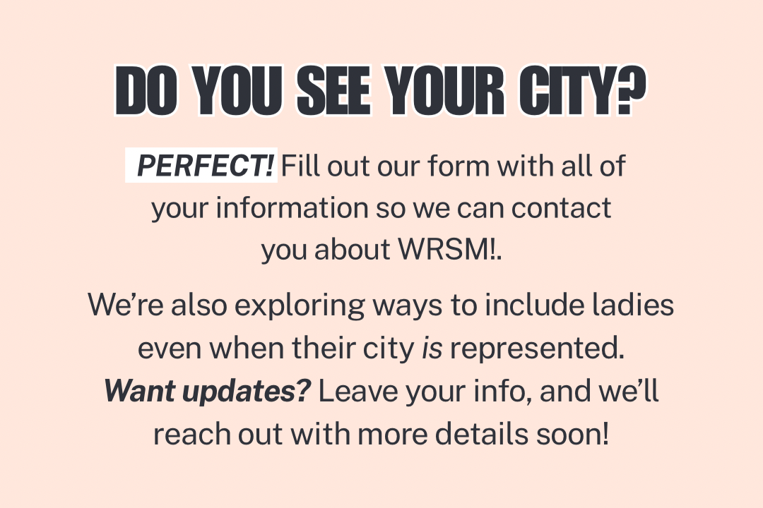 Pink background with bold black text asking, "Do you see your city?" and encouraging people to fill out a contact form and leave updates about their city.