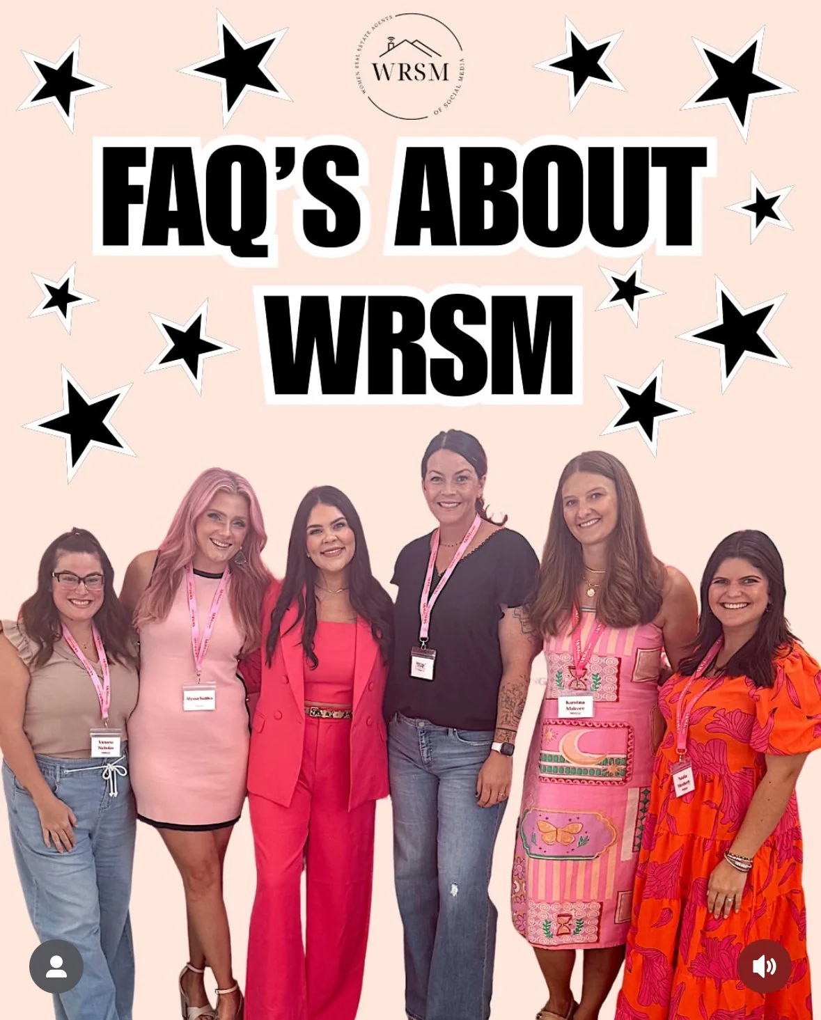 Group of six women standing together at an event, with a sign above them that reads 'FAQ'S ABOUT WRSM' and a logo at the top. The background is light pink and decorated with black and white stars.
