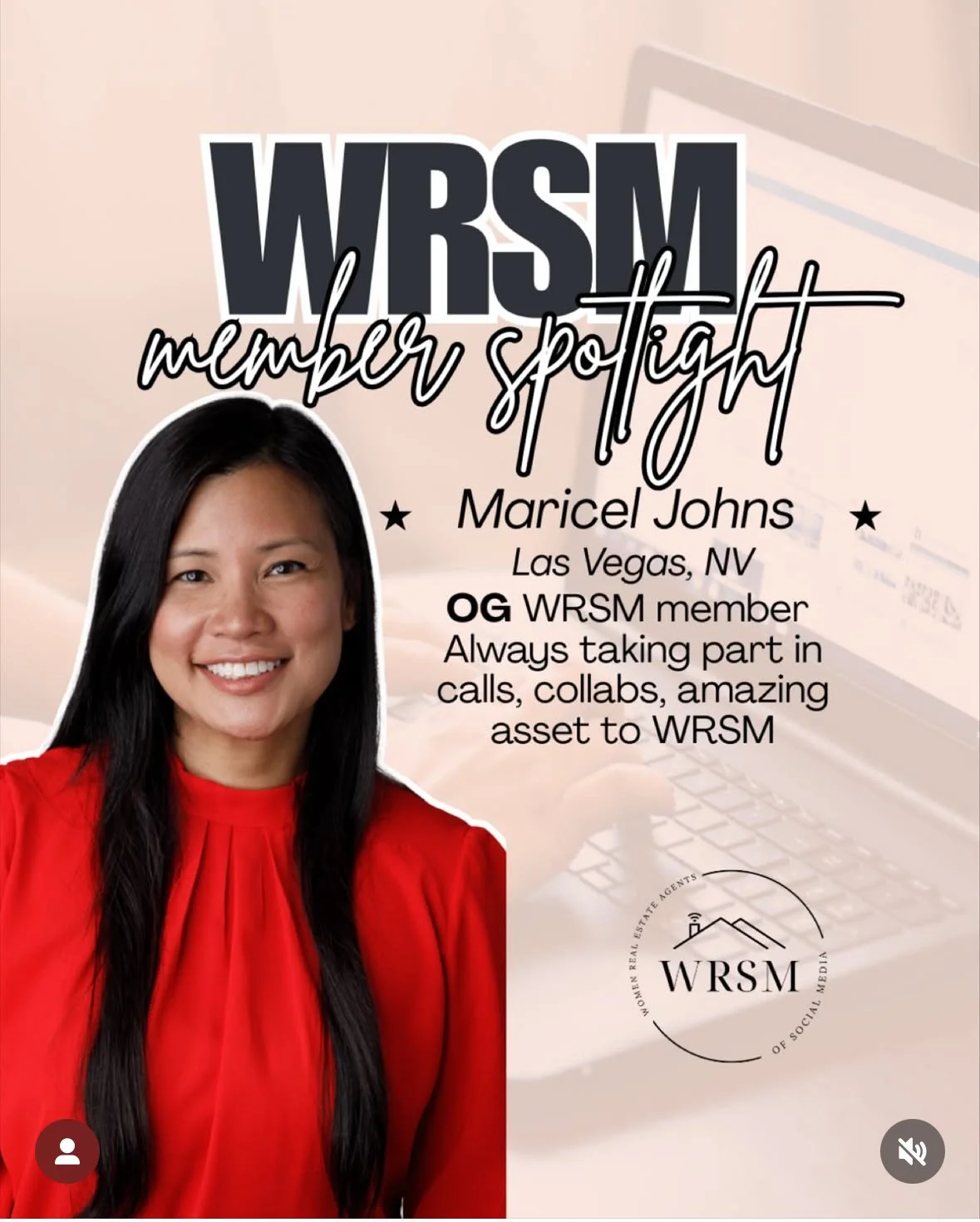 Profile of Maricel Johns, a member of WRS M, with her photo in a red top, and text outlining her background, location in Las Vegas, NV, and her active participation in calls and collaborations for WRS M.