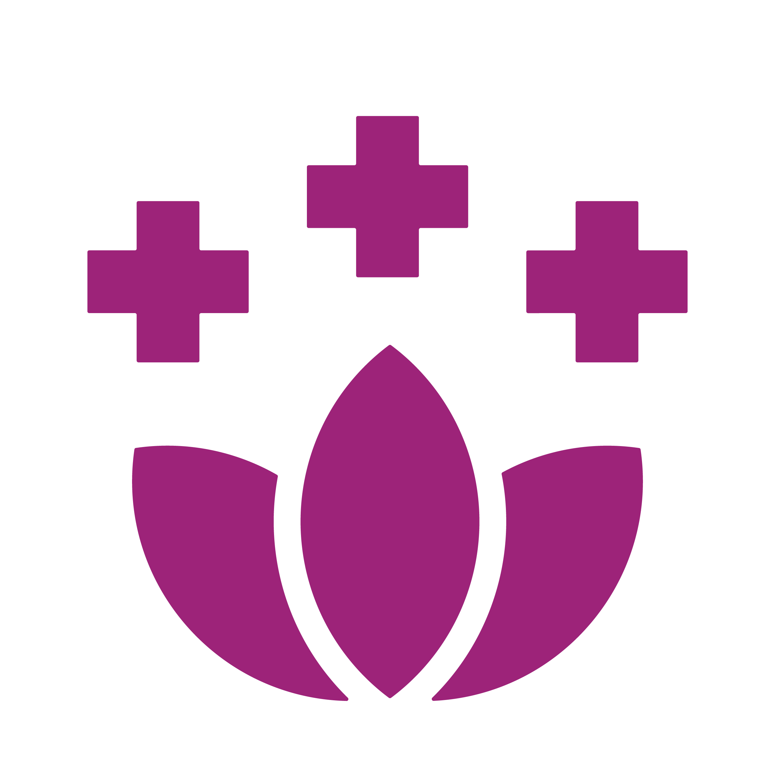 A pink icon with a stylized purple flower at the bottom and three medical crosses above it.
