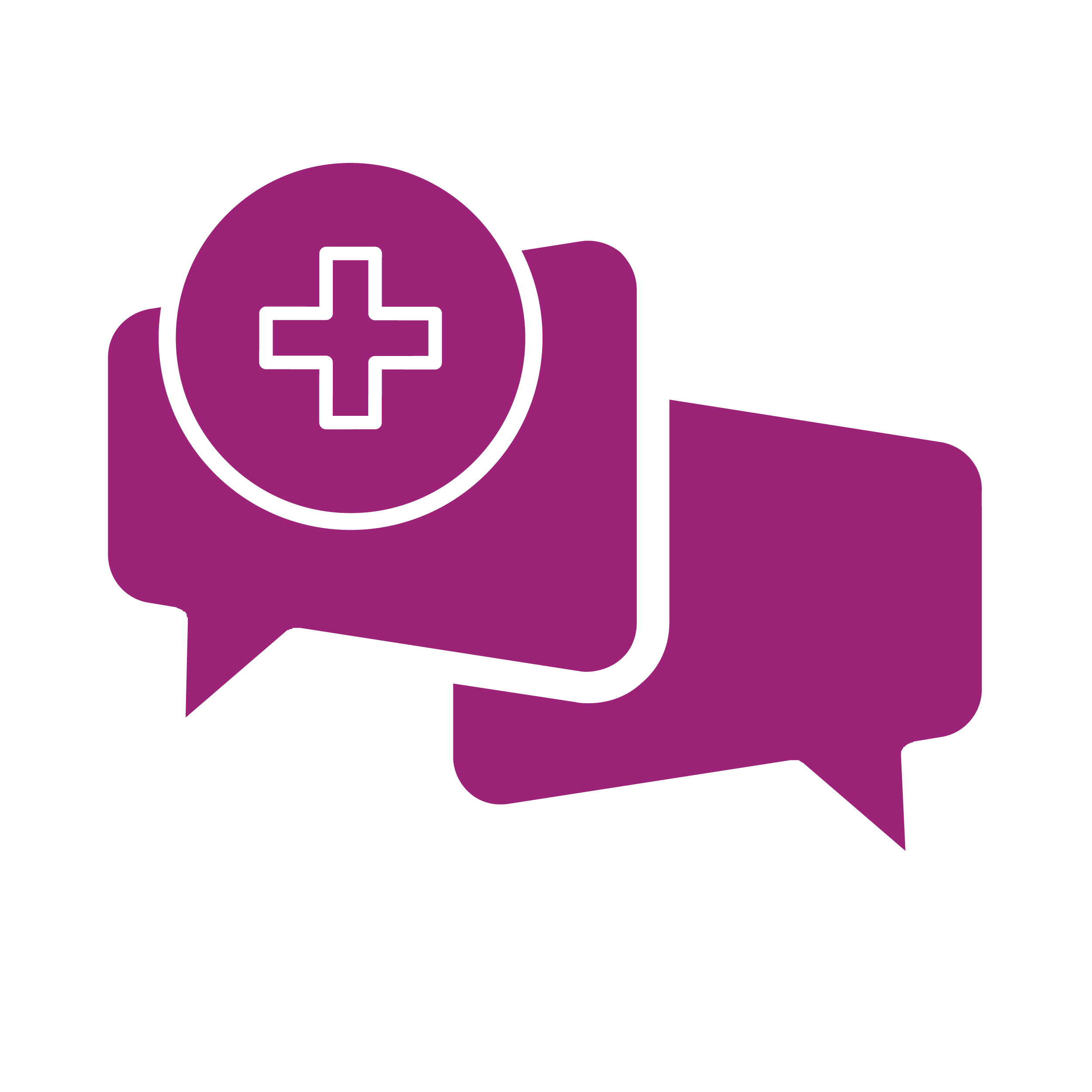 A pink icon of two speech bubbles with one containing a medical cross symbol.