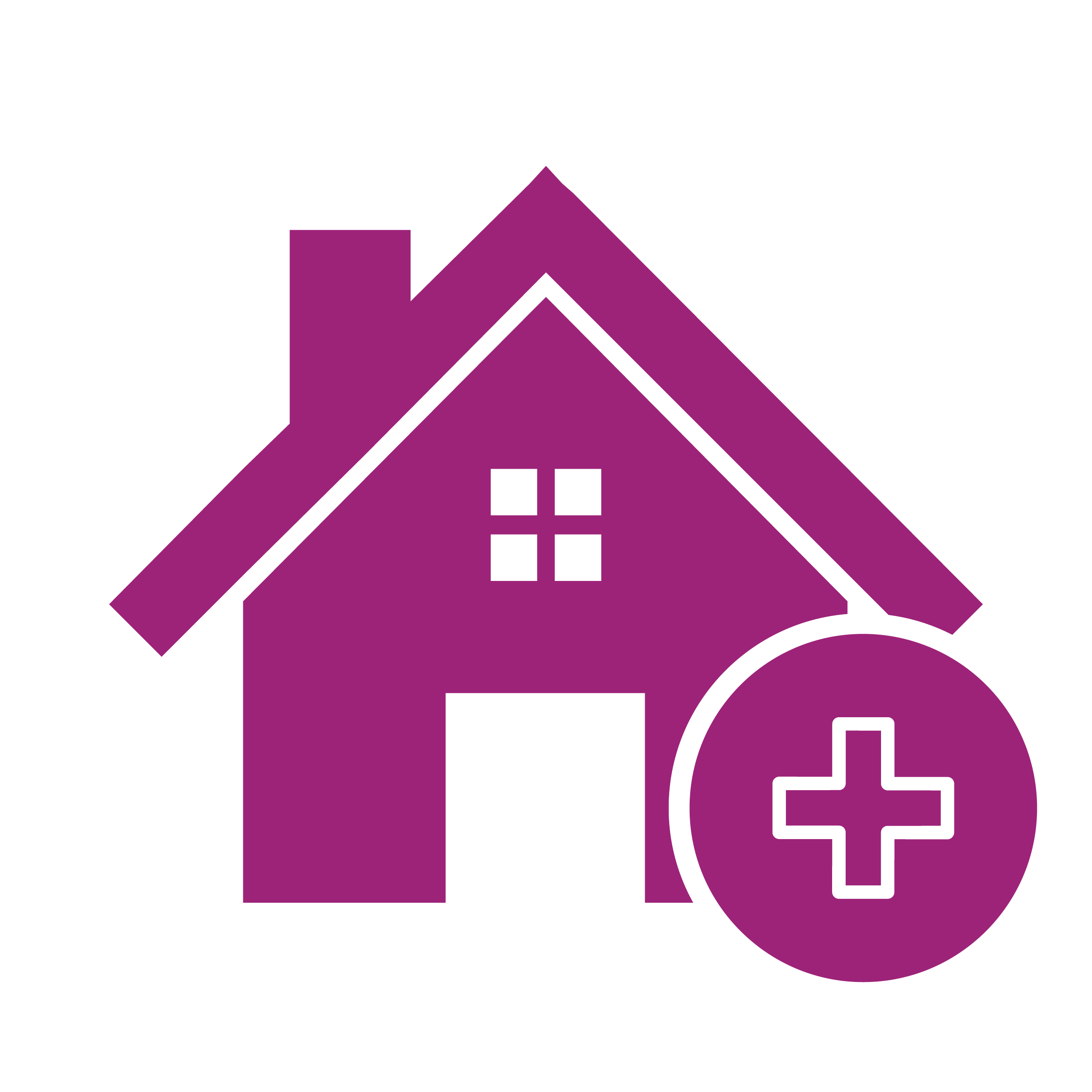 A pink icon of a house with a medical cross symbol in front.