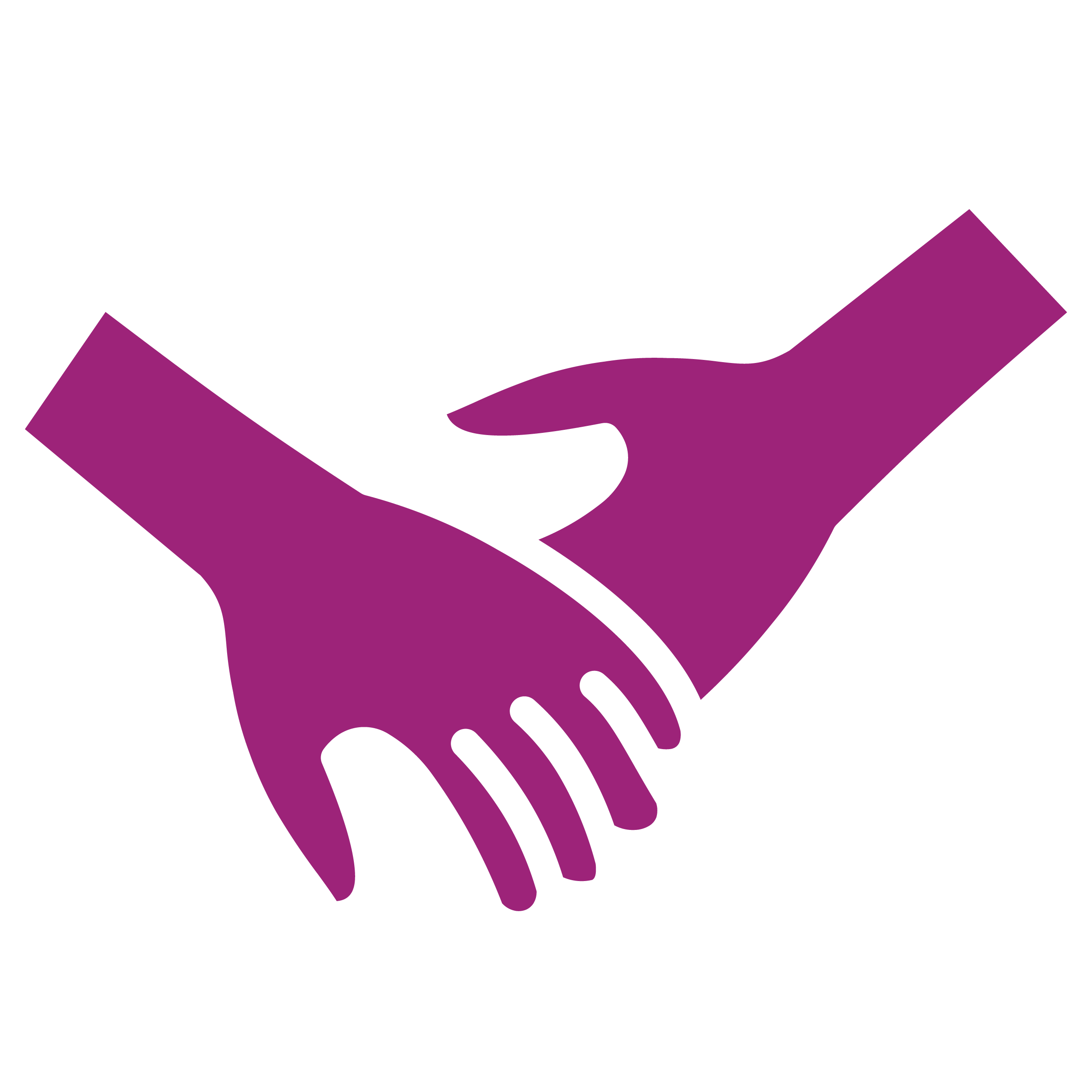 A pink icon of two hands reaching out and touching one another.