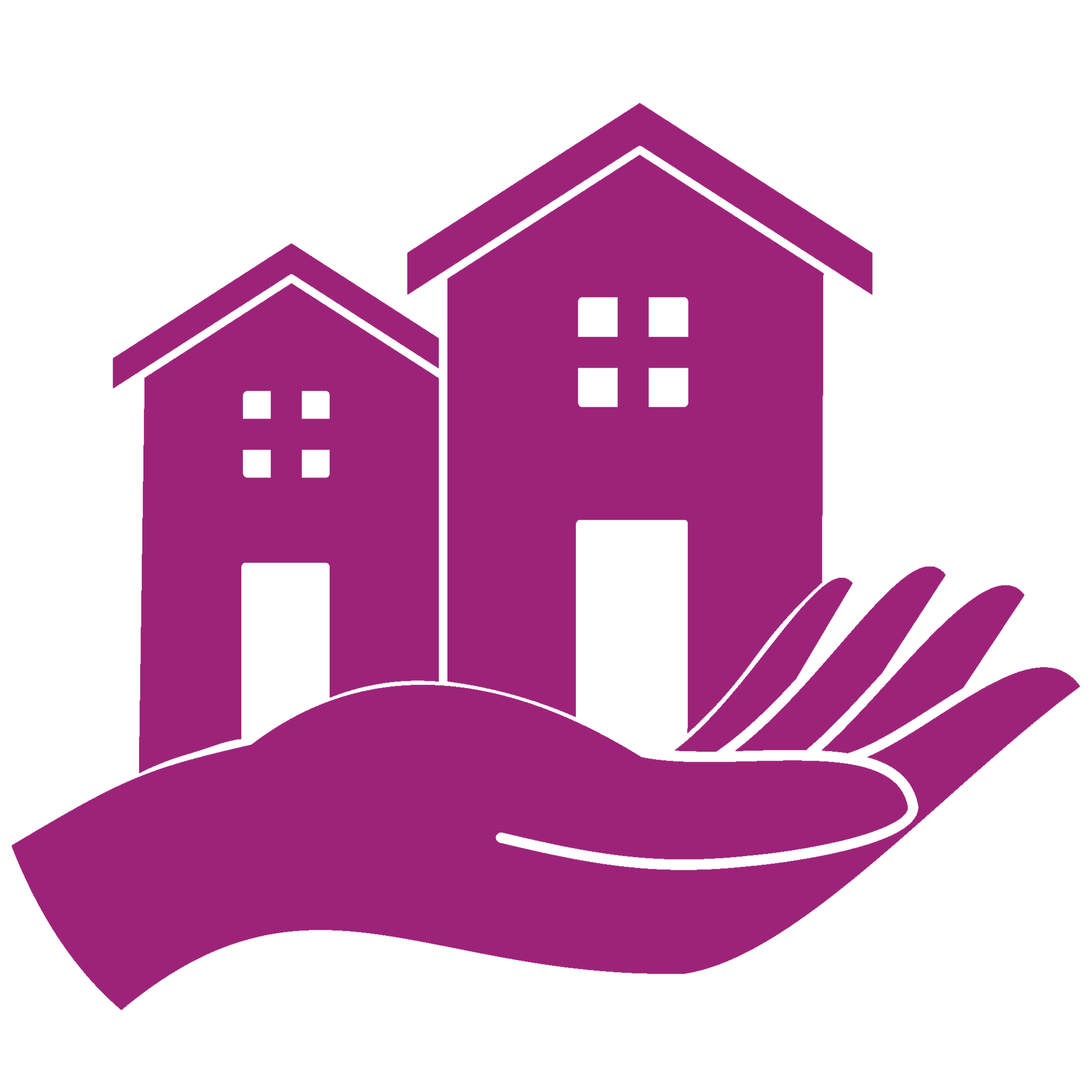 A pink icon of a hand holding up two townhouses.