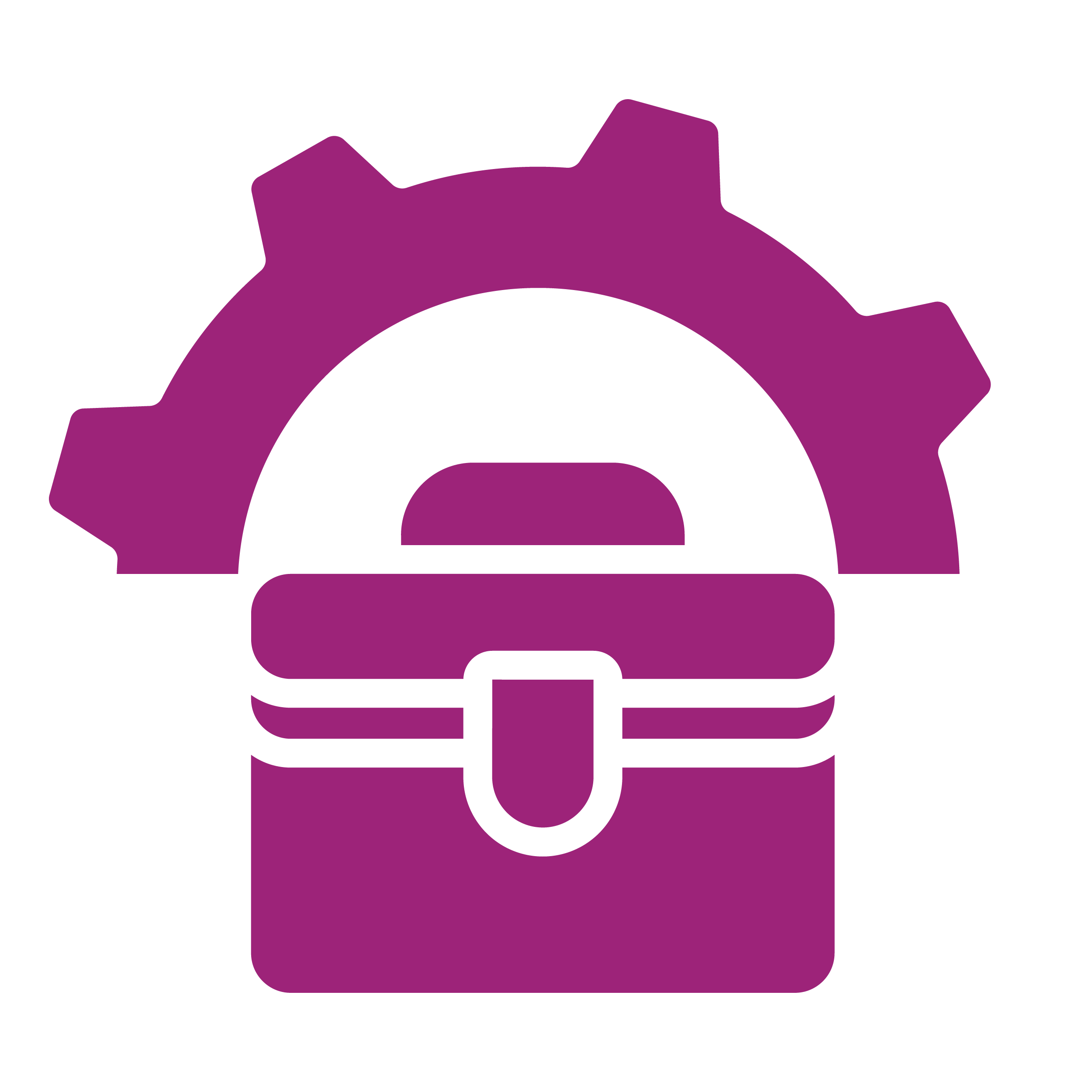 A pink icon of a briefcase with a semi-circle gear above it.