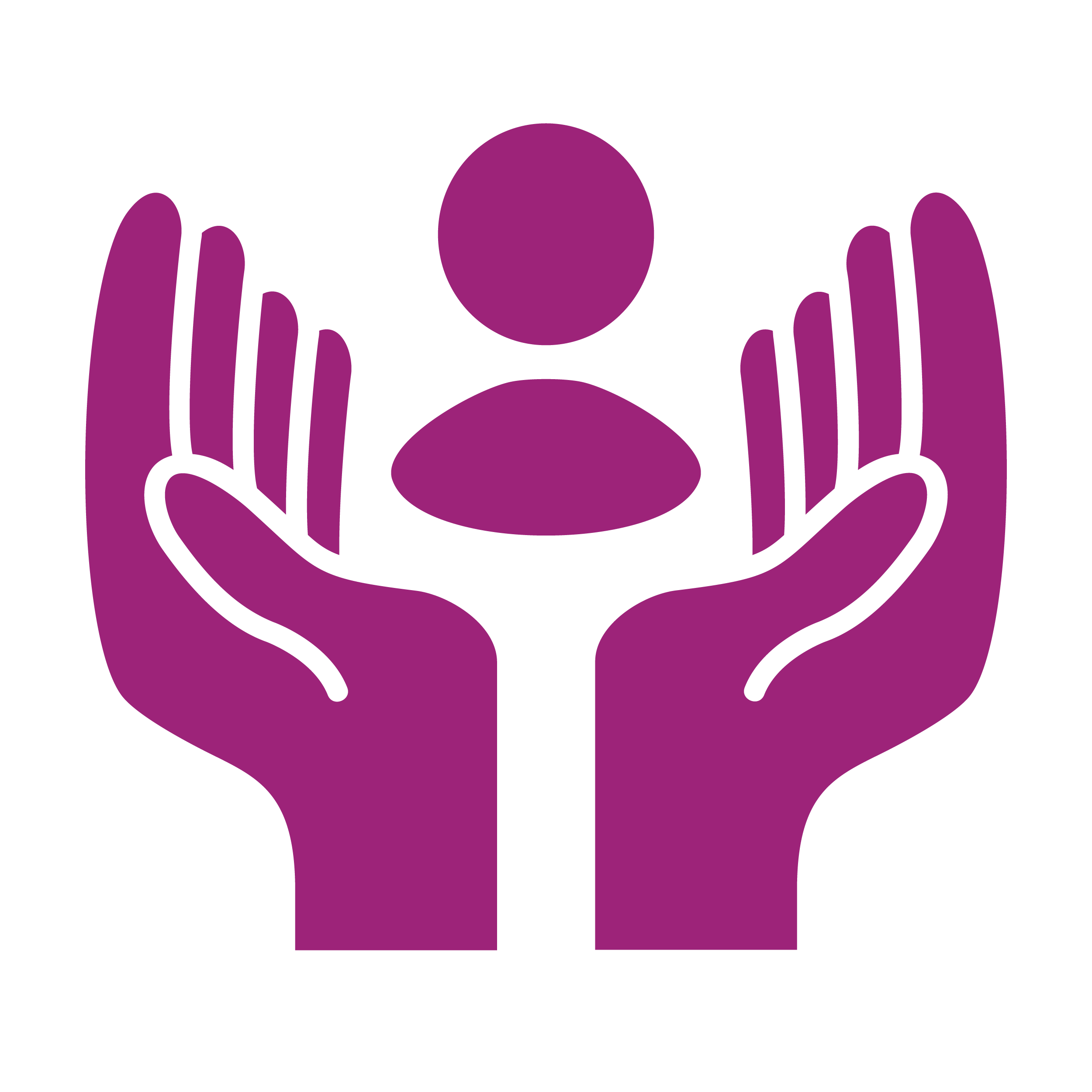 A pink icon of two hands cupping a symbol of a person.