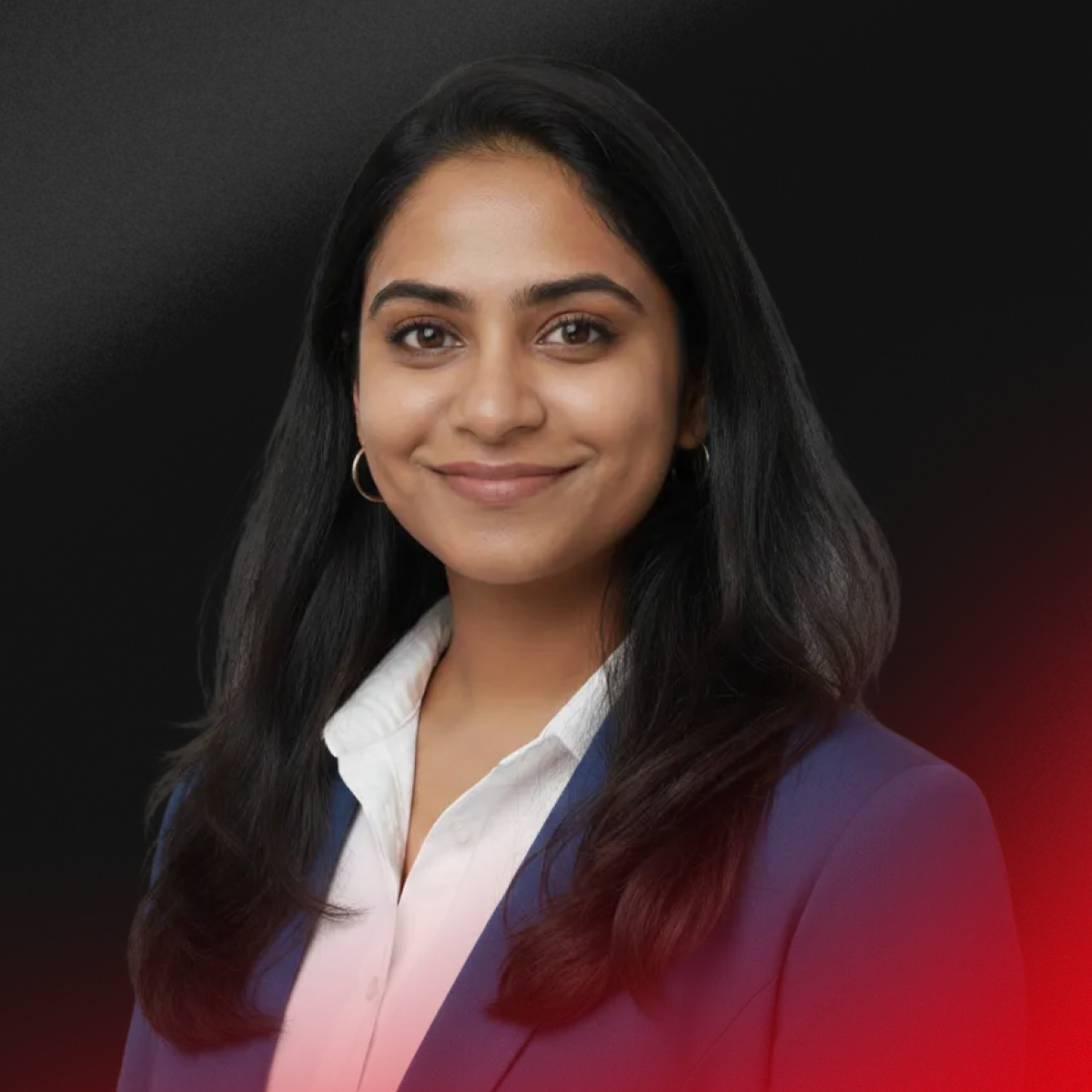 A woman with long, light brown hair smiling, wearing a cream-colored top and a small cross necklace, against a dark blue background.
