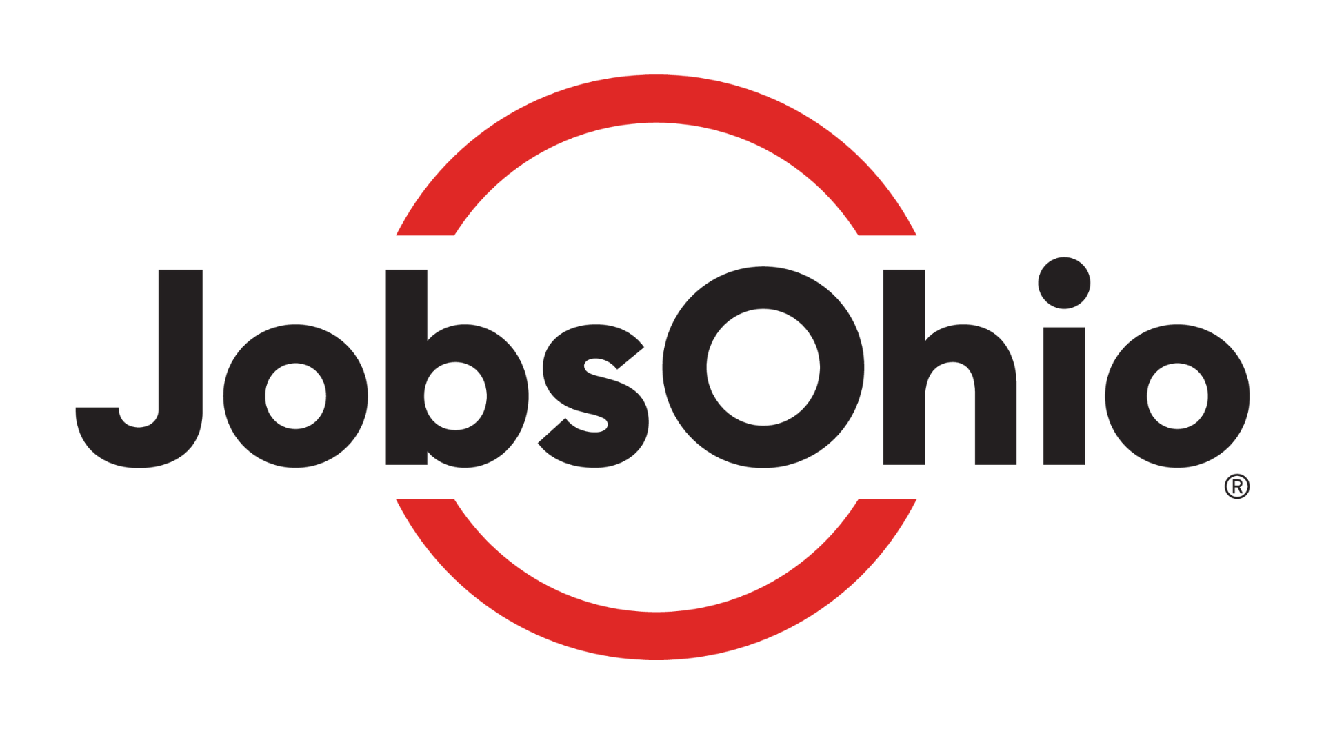 Jobsohio logo with black text and a partial red circle around the text