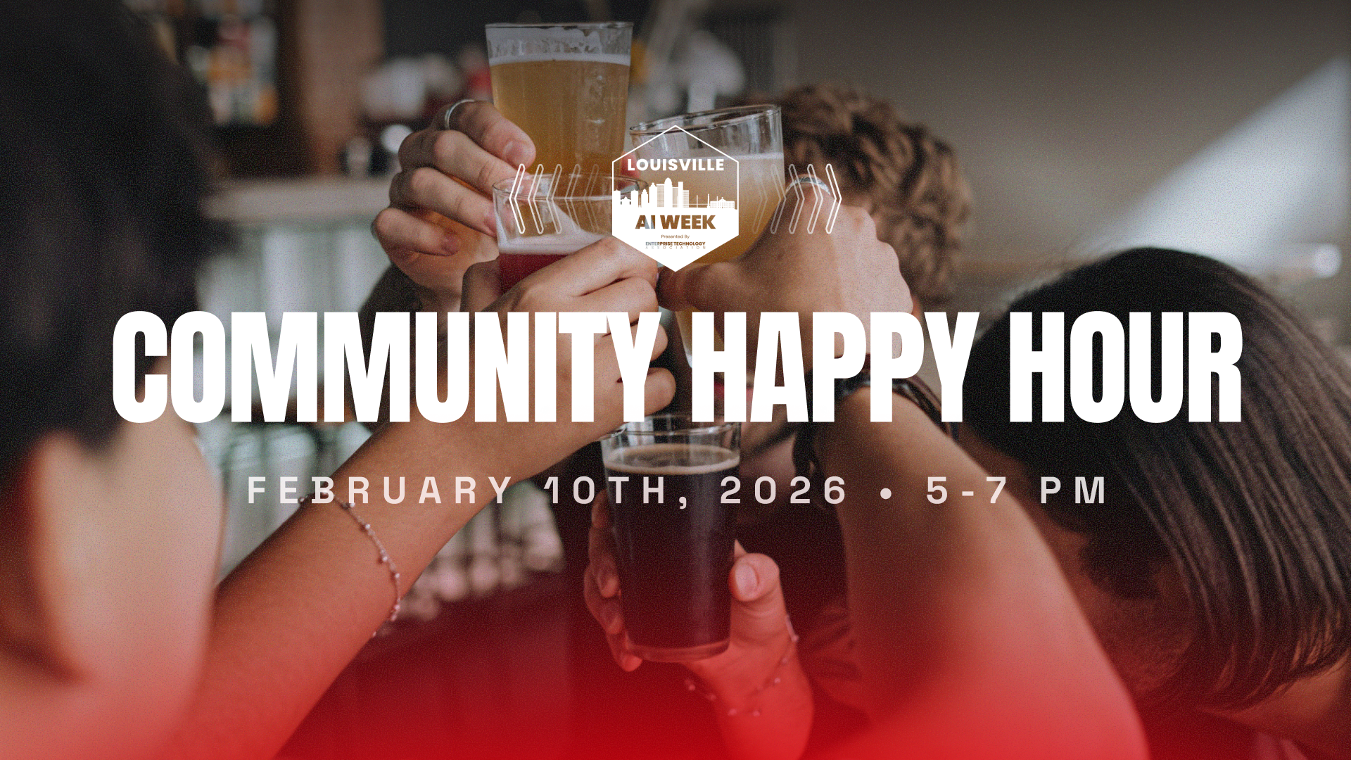 People raising glasses of beer in a toast, celebrating at a community happy hour event.