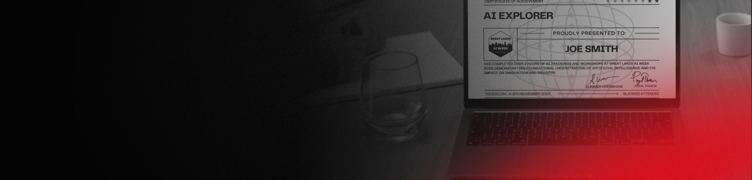 Part of a laptop screen showing a certificate of achievement for AI Explorer awarded to Joe Smith, with signatures and details of a workshop.