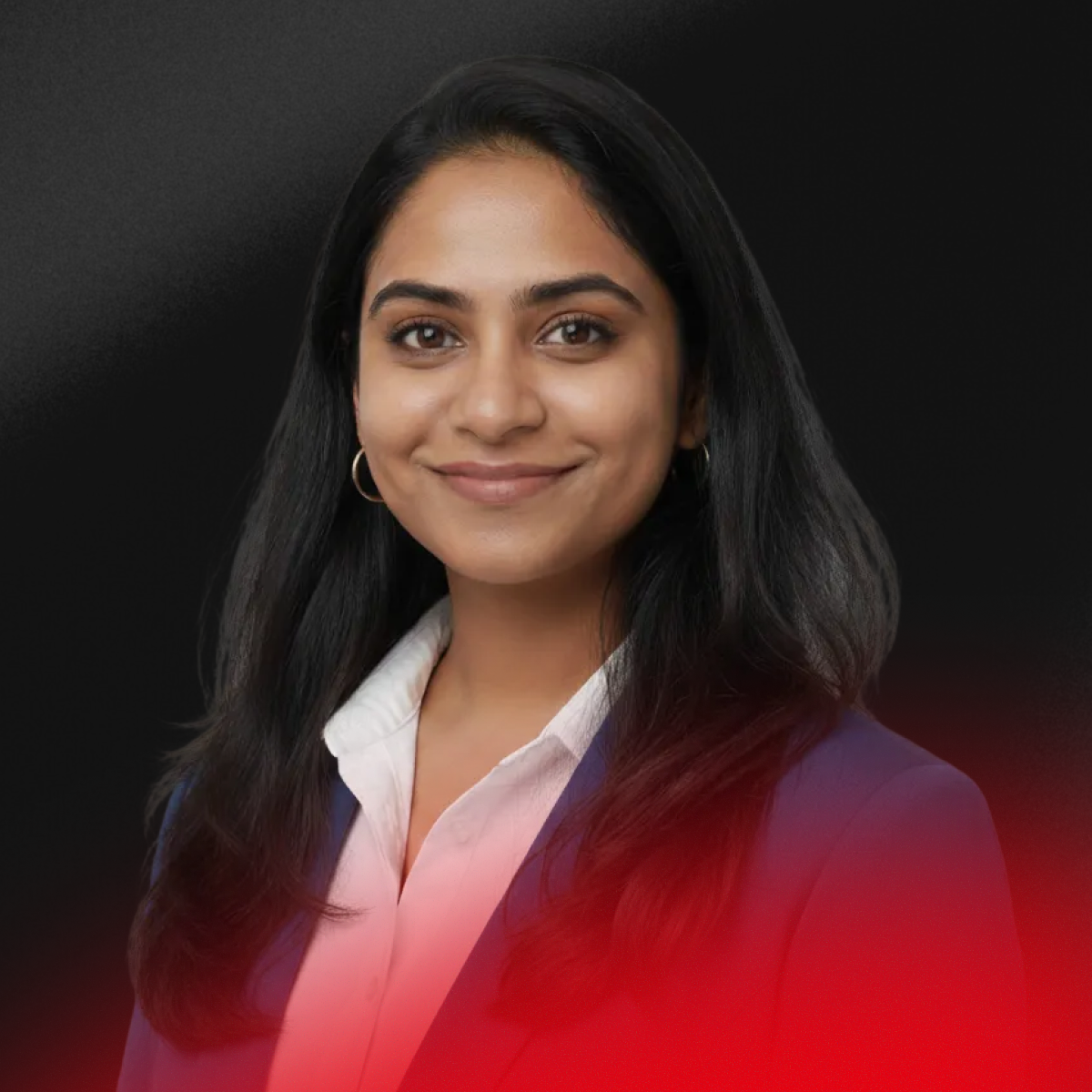 A woman with long, light brown hair smiling, wearing a cream-colored top and a small cross necklace, against a dark blue background.