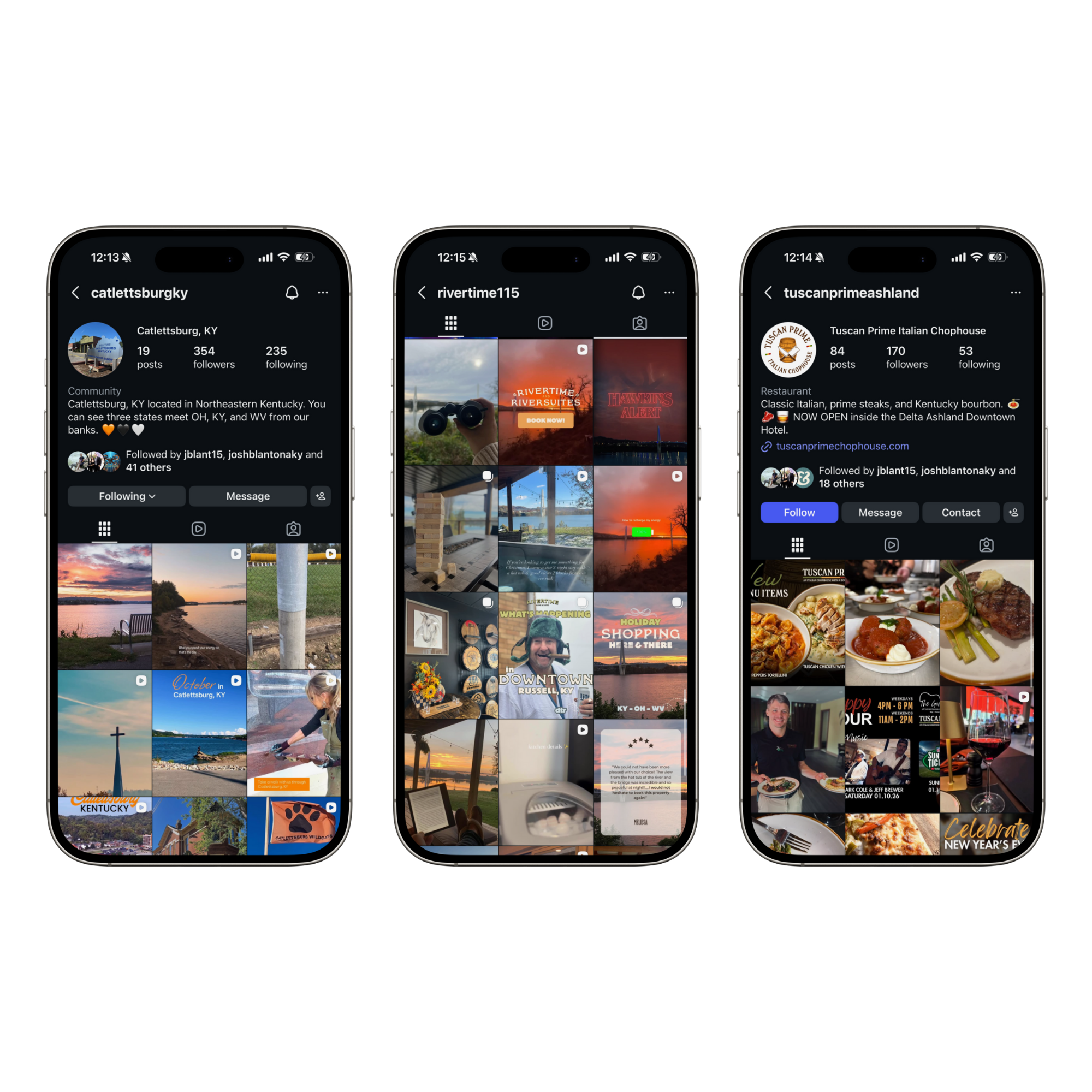 Screenshots of three Instagram profiles on a phone, showcasing various posts including landscapes, food, and cityscapes.
