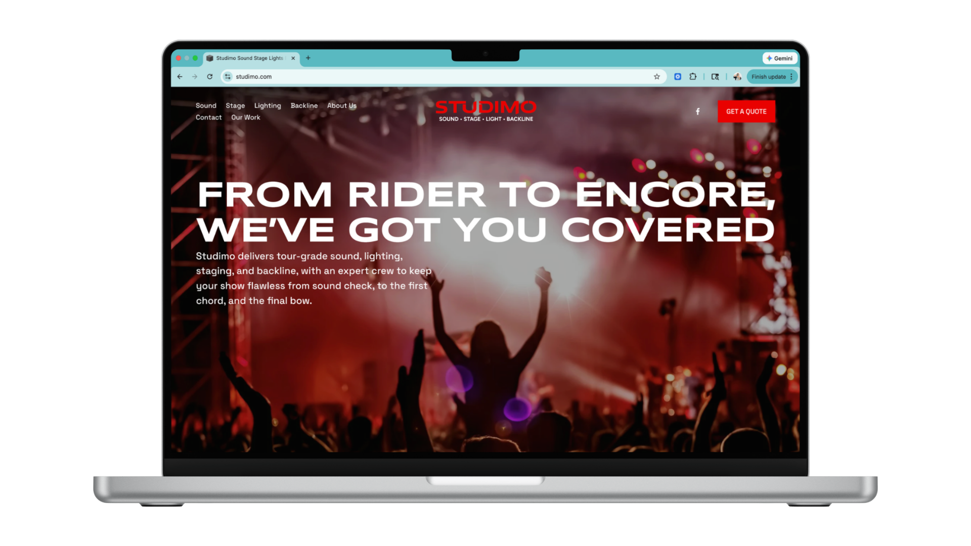 Laptop screen displaying a website for Studimo, a company that provides sound, stage, lighting, and backline services for events, with an image of a concert crowd and stage in the background.