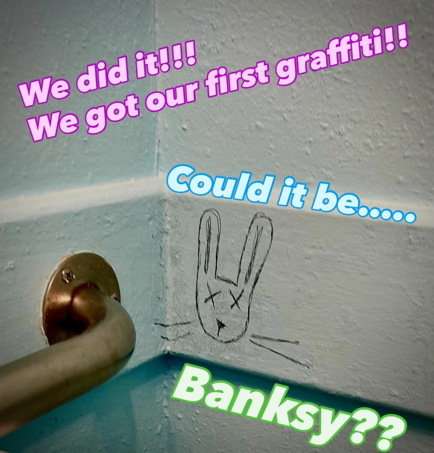 If you look closely, you can actually see the themes of late-stage capitalism and systemic oppression.

Or it&rsquo;s a bunny&hellip;.hard to say.

Either way, our bathroom is now a cultural landmark.