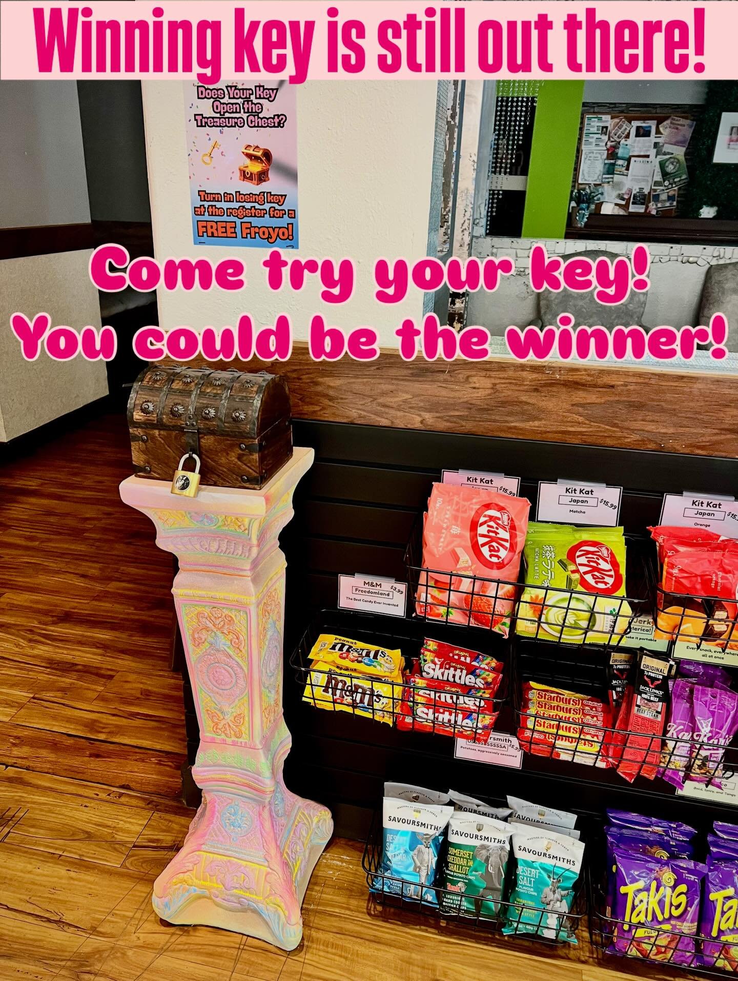 No one has opened the Goatcha treasure chest yet! Come by to try your key! You could be the winner!!