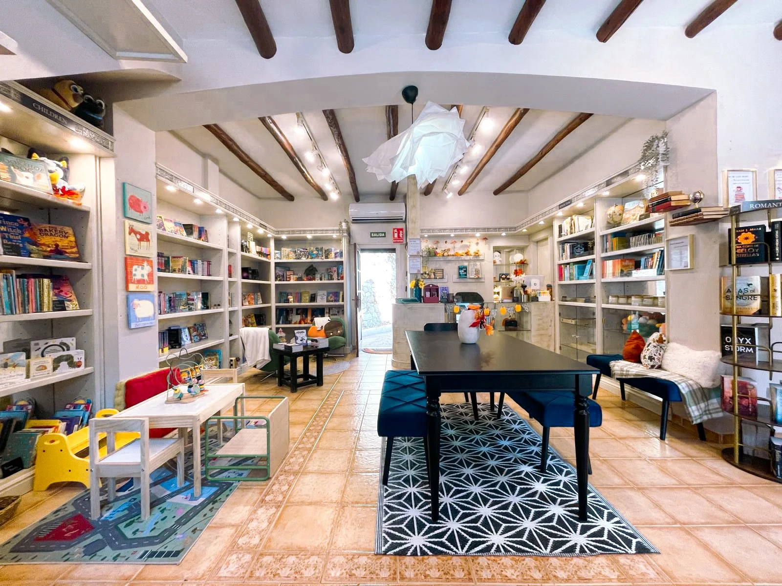 English and Spanish: Children's, Middle grade, Young Adult, Games, Non-Fiction/Wellness/Local Spain, Romantasy, Adult Fiction: Newest Releases, Thriller/Mystery/Suspense, Romance, Literary Fiction, Horror, SciFi, Fantasy