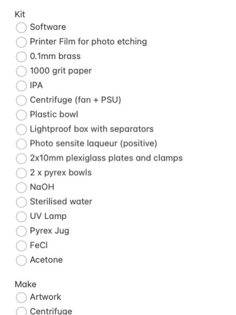 It&rsquo;s a new year so I&rsquo;d like to try a new material. For 2926 it&rsquo;ll be etched brass and nickel.
Only a huge list of the things to get!