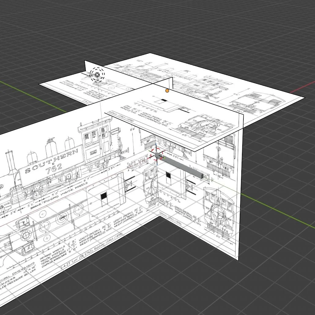 The first step is to scan and scale the drawings. Then take 3 copies for the side, front/rear and top views. Looks a bit weird like this but they spend most of their time hidden.