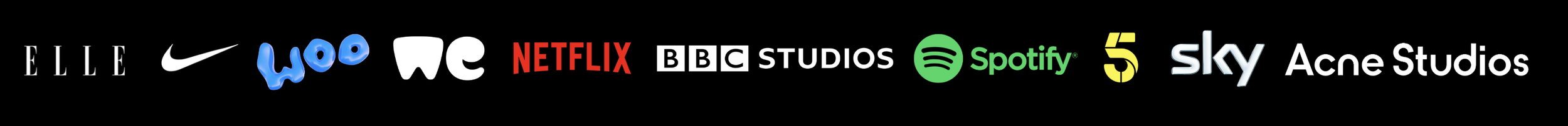 Logos of various entertainment and media brands including Elle, Nike, Woo, We, Netflix, BBC Studios, Spotify, Channel 5, Sky, and Acne Studios.
