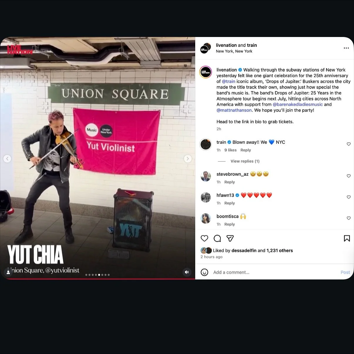 Still surreal!! Thank you @train and @livenation for inviting me to be part of the 25th anniversary of &lsquo;Drops of Jupiter&rsquo; 🙏🎻
Had just two days to remix it and bring my EDM violin twist to the NYC subway.
Full video is up on their page!
