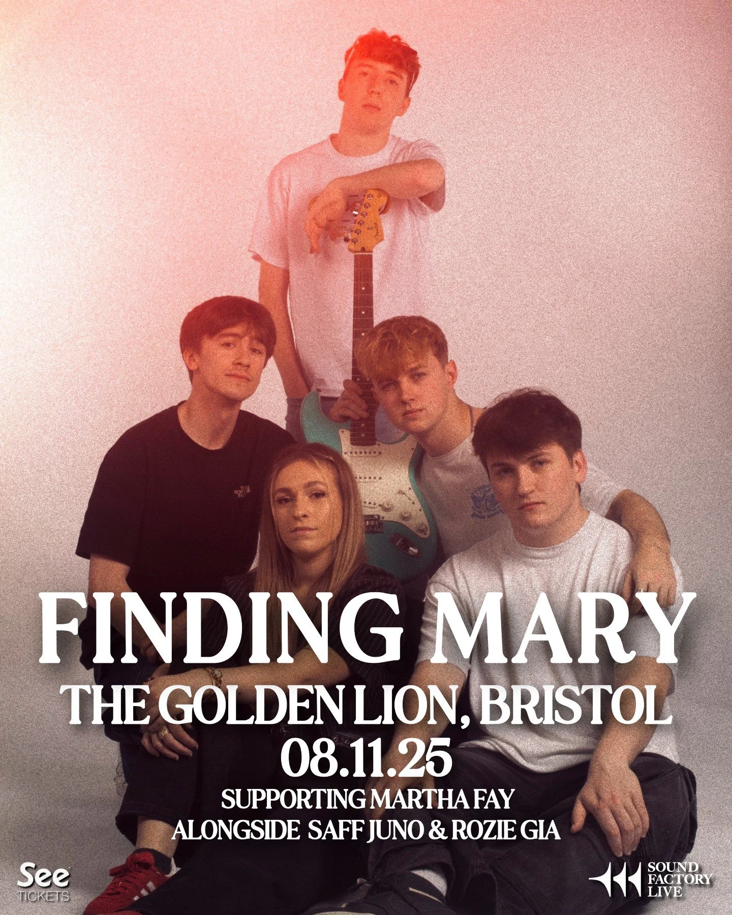 About your Martha Fay supports Finding Mary! 🔥🤩

Infusing blues, funk and soul influences, Finding Mary are a five piece Indie Rock band hailing from Bath, England. Their mix of a distinctive rhythm section, dazzling vocals and improvised lead line