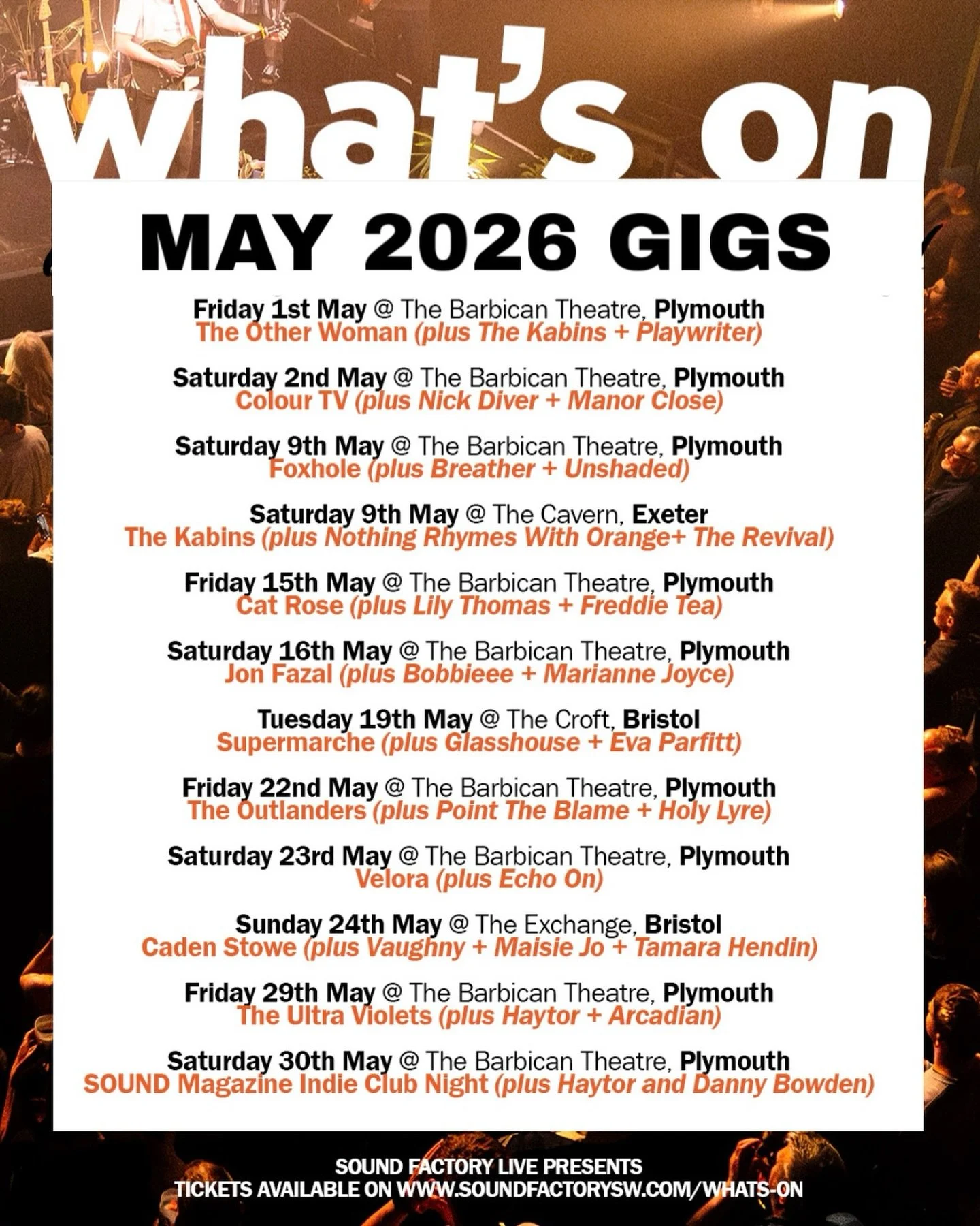 May&rsquo;s looking LOUD 📢

New month, new venue space and SO MANY GIGS! Our May gigs (across the South West) are live and we can&rsquo;t wait to welcome you to them. Which ones are you coming to? 🎸

Tickets in bio 🎫